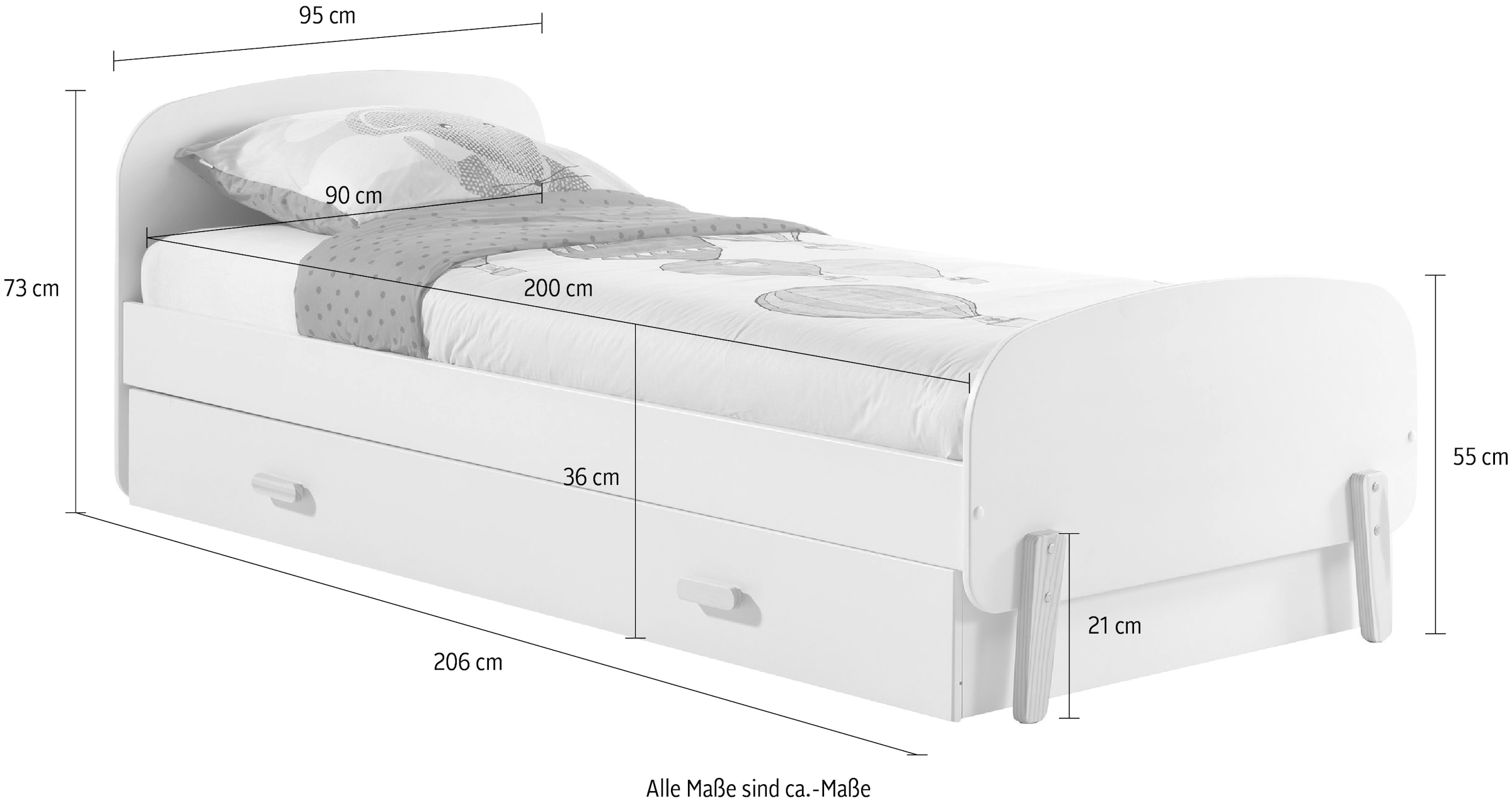 Vipack Einzelbett, Liegefläche 90x200 cm mit Lattenrost und Bettschublade, Weiß lackiert