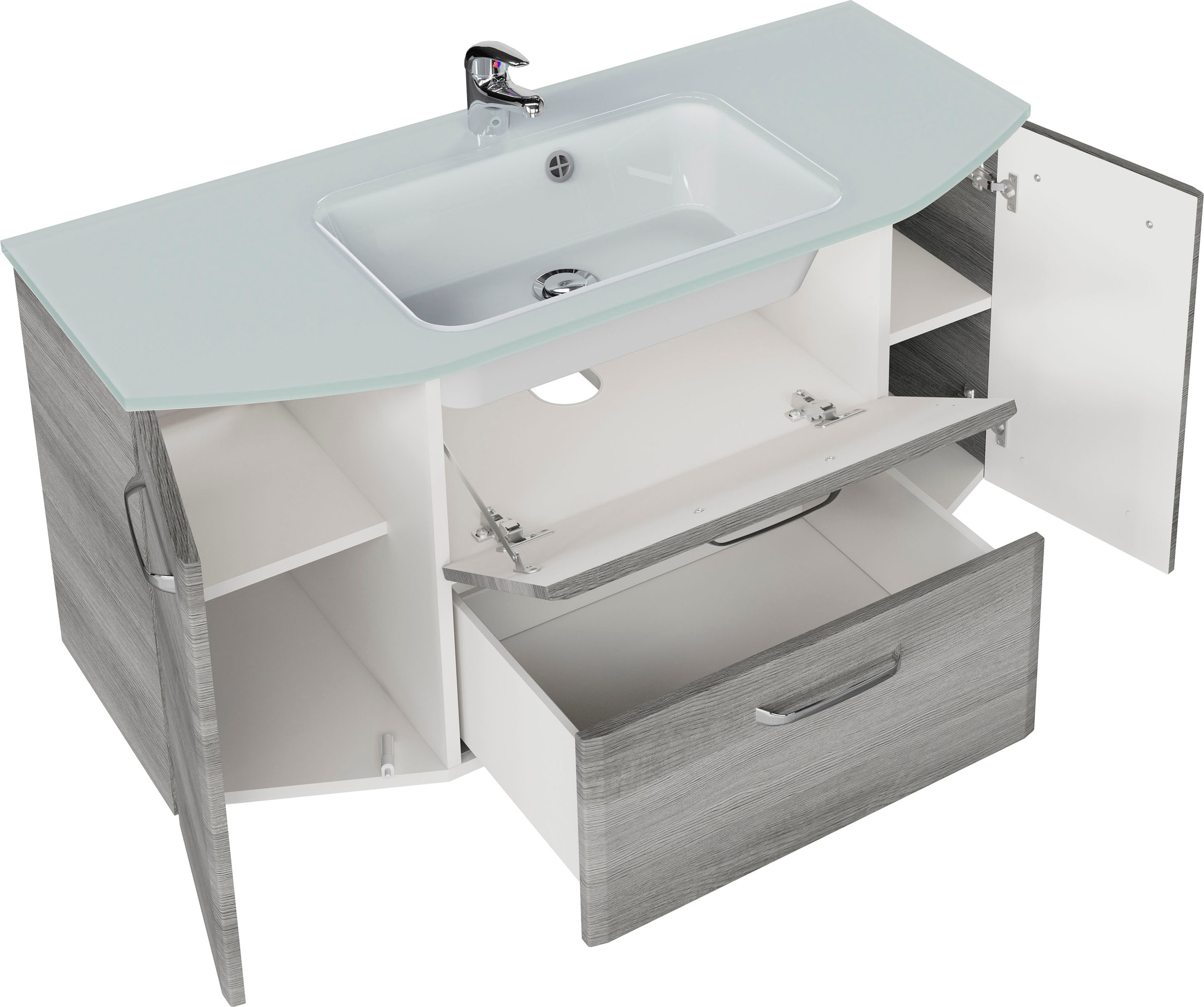 Saphir Badmöbel-Set »Quickset 5-teilig Glas-Waschtisch mit LED-Spiegelschrank, Bad-Set«, (6 St.), Midischrank, Unterschrank, Hängeschrank, inkl. Türdämpfer, 9 Türen