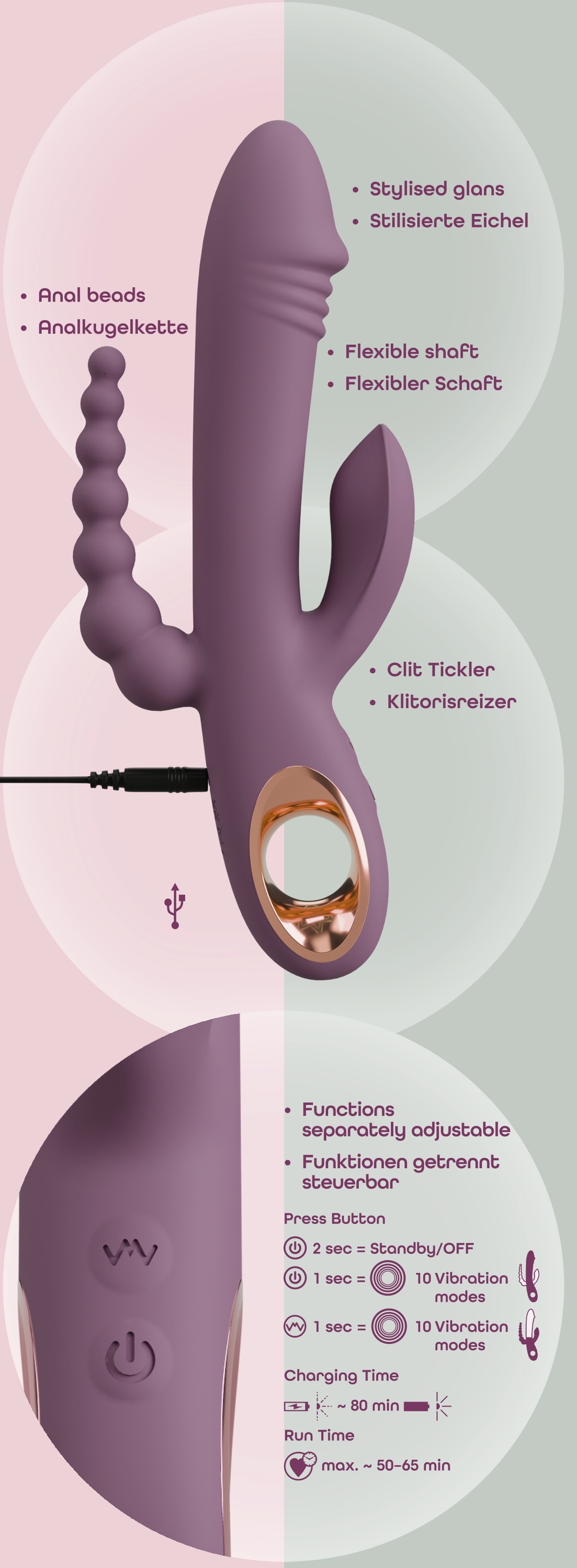 You2Toys Vibrator »Rabbitvibrator Slim Triple Plum«