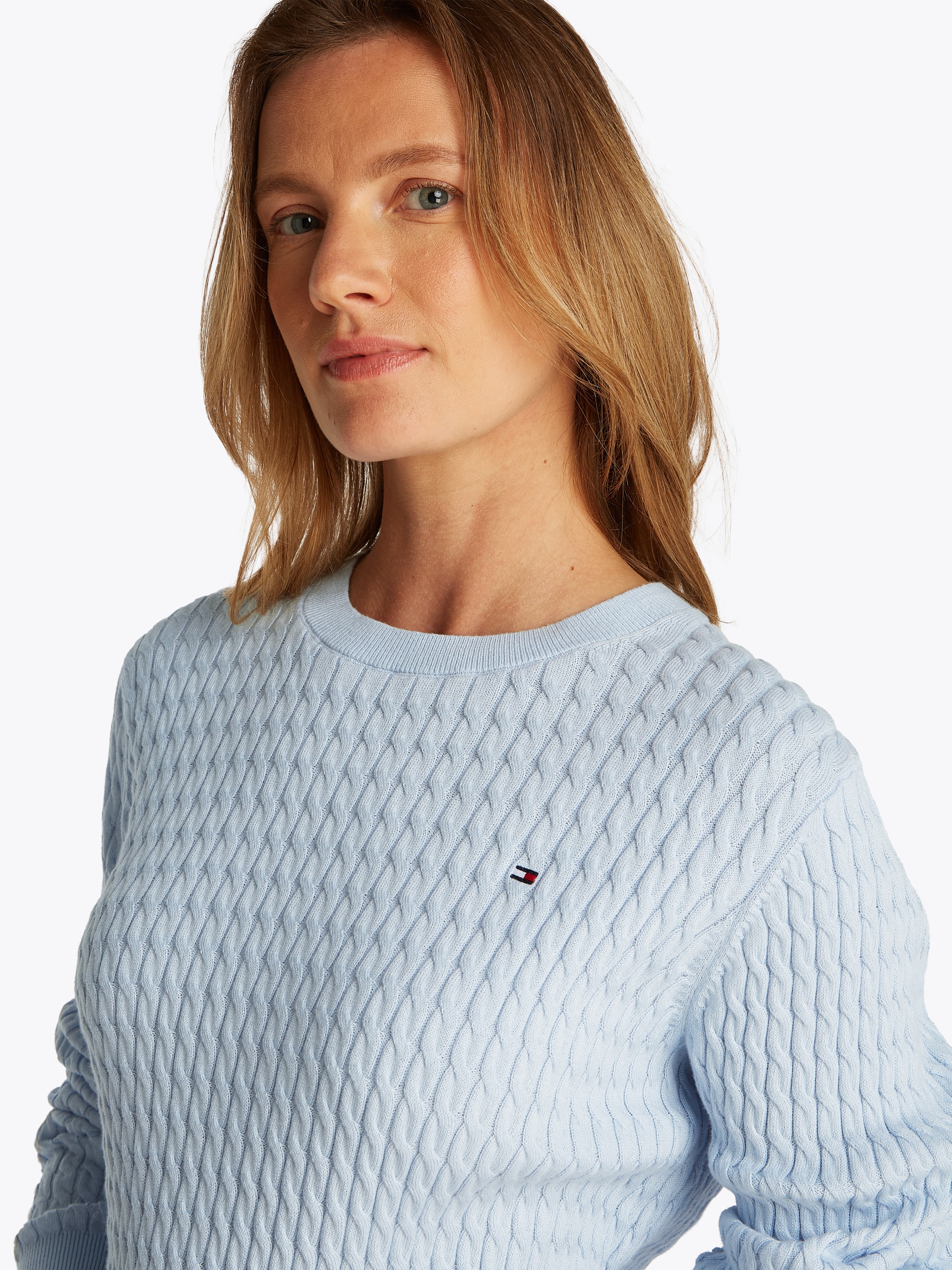 Tommy Hilfiger Rundhalspullover »CO CABLE C-NK LS SWEATER«, mit Zopfmuster