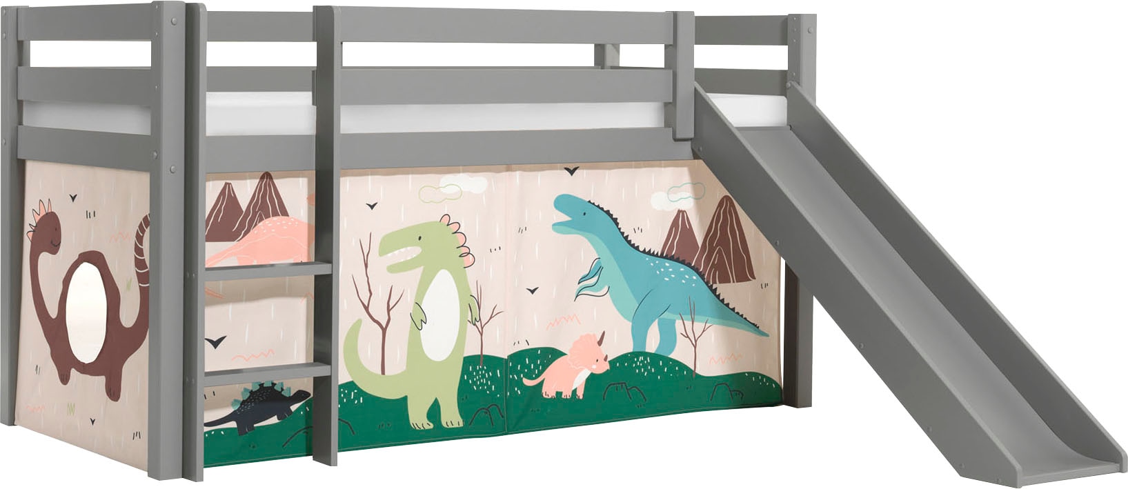 Vipack Spielbett »Pino, Kiefer massiv, mit Rolllattenrost u. Textil-Set, Made in Europe«, (B/H/T ca. 210x114x218cm, mit Absturzschutz, Leiter und Rutsche), verschiedene Textil-Designs und Holzfarben zur Wahl