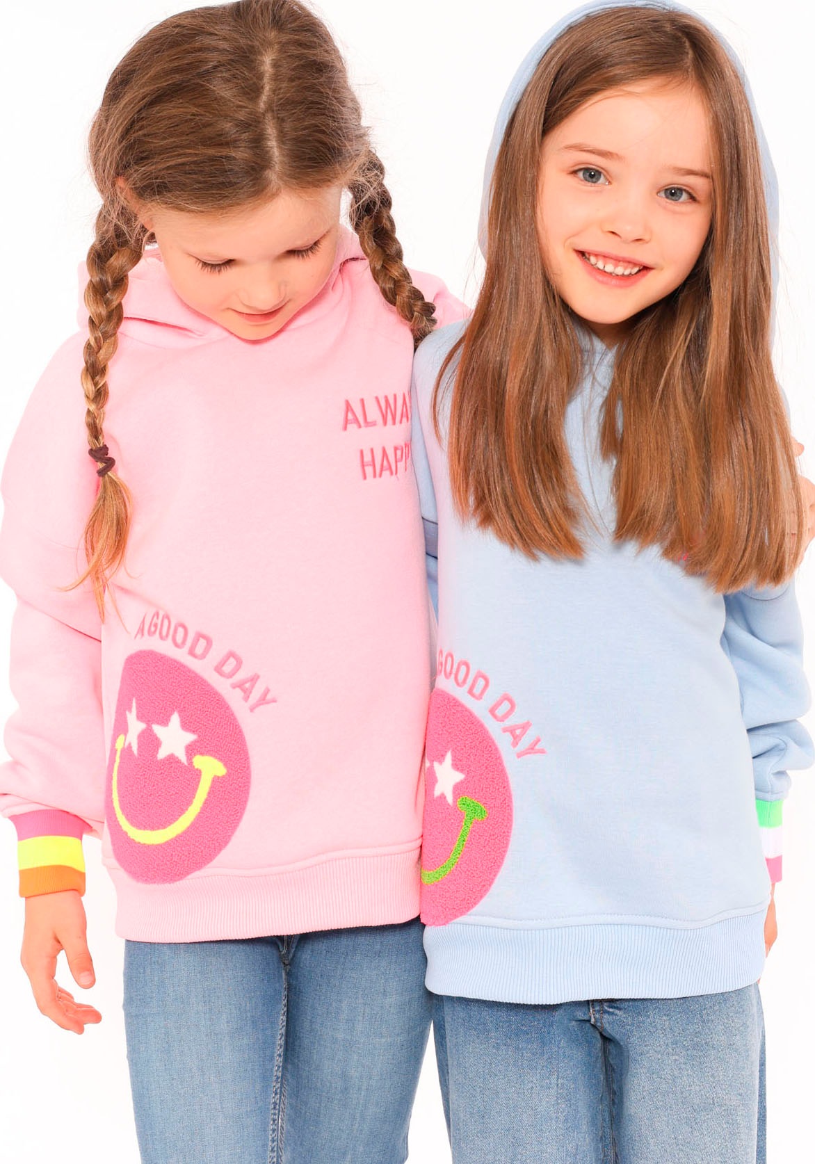 Zwillingsherz Hoodie »"Always Happy" Kids«, mit großem Smiley und neonfarbenen Details