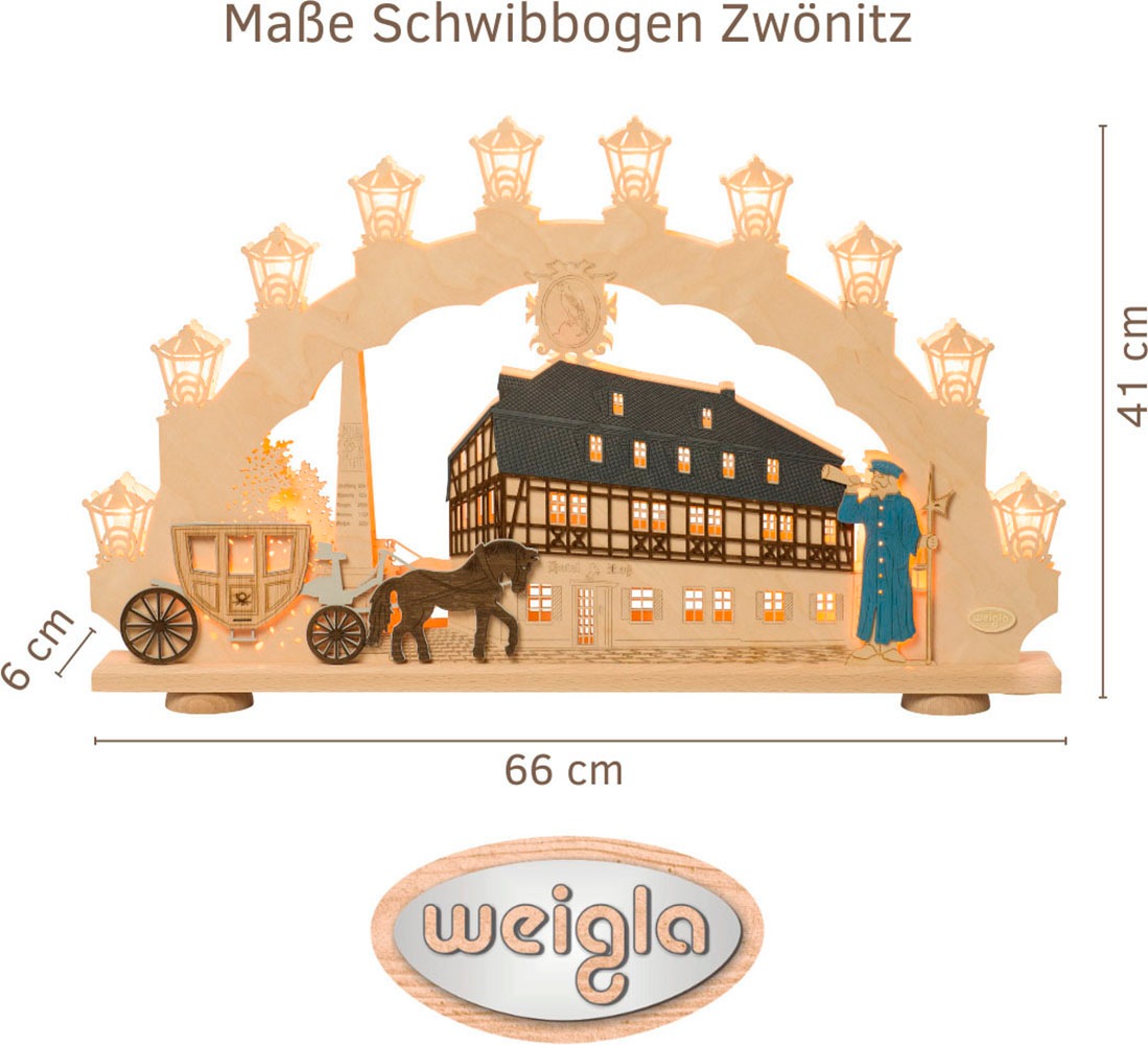 Weigla Schwibbogen »Zwönitz, Lichterbogen aus Holz, Fachwerkhaus«, Erzgebirge garantiert, Weihnachtsdeko Innen, Weihnachtsbeleuchtung