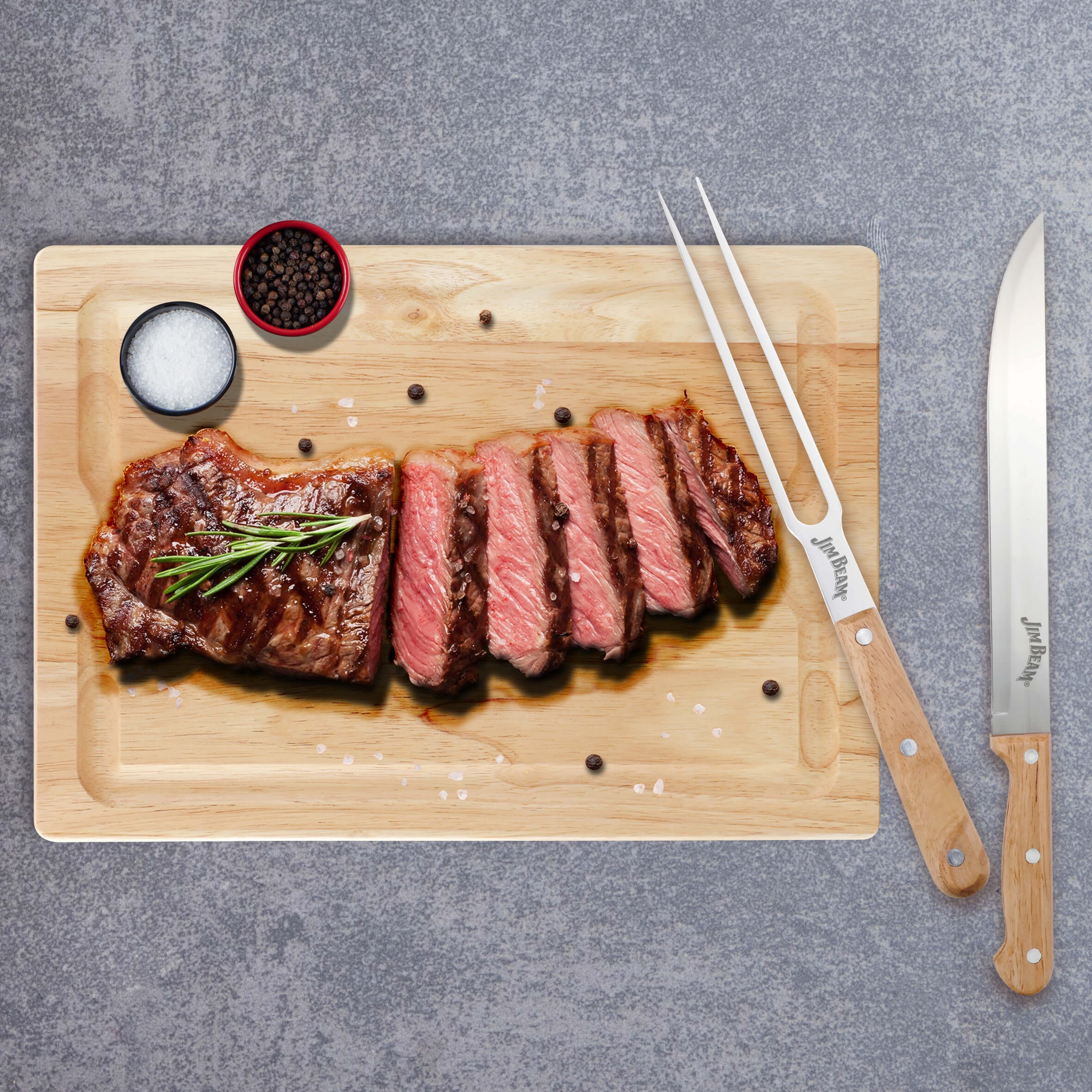 Jim Beam BBQ Schneidebrett »JB0237«, (Set), inkl. Tranchiermesser und Gabel mit Edelstahlklinge und Bambusgriffen
