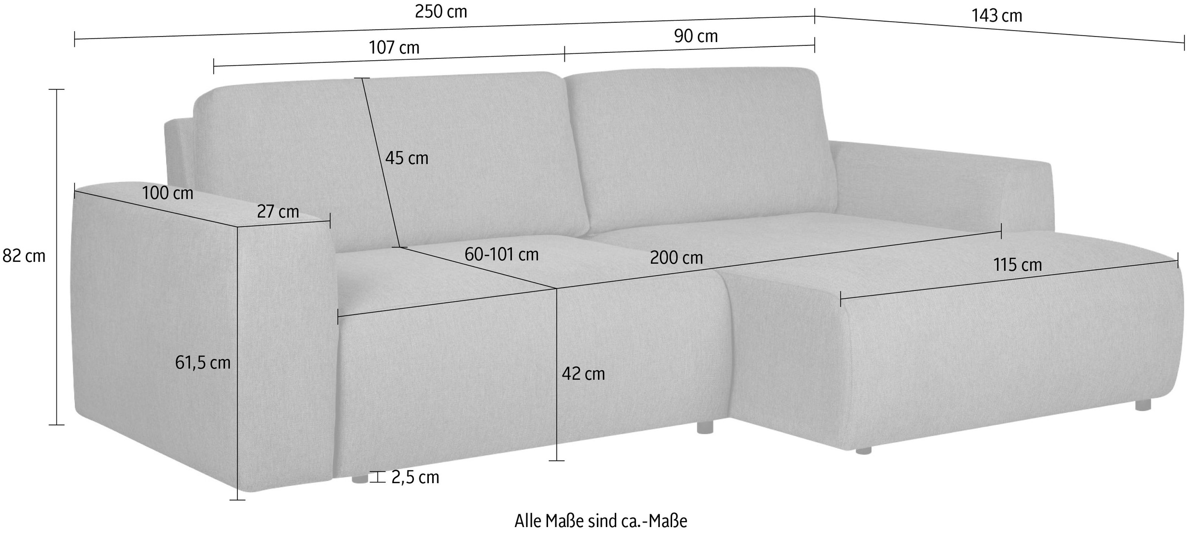 andas Schlafsofa »Noord Schlafecksofa, Breite 250 cm« Cord, Struktur, Webstoff, mit Wellenunterfederung, Massivholzrahmen