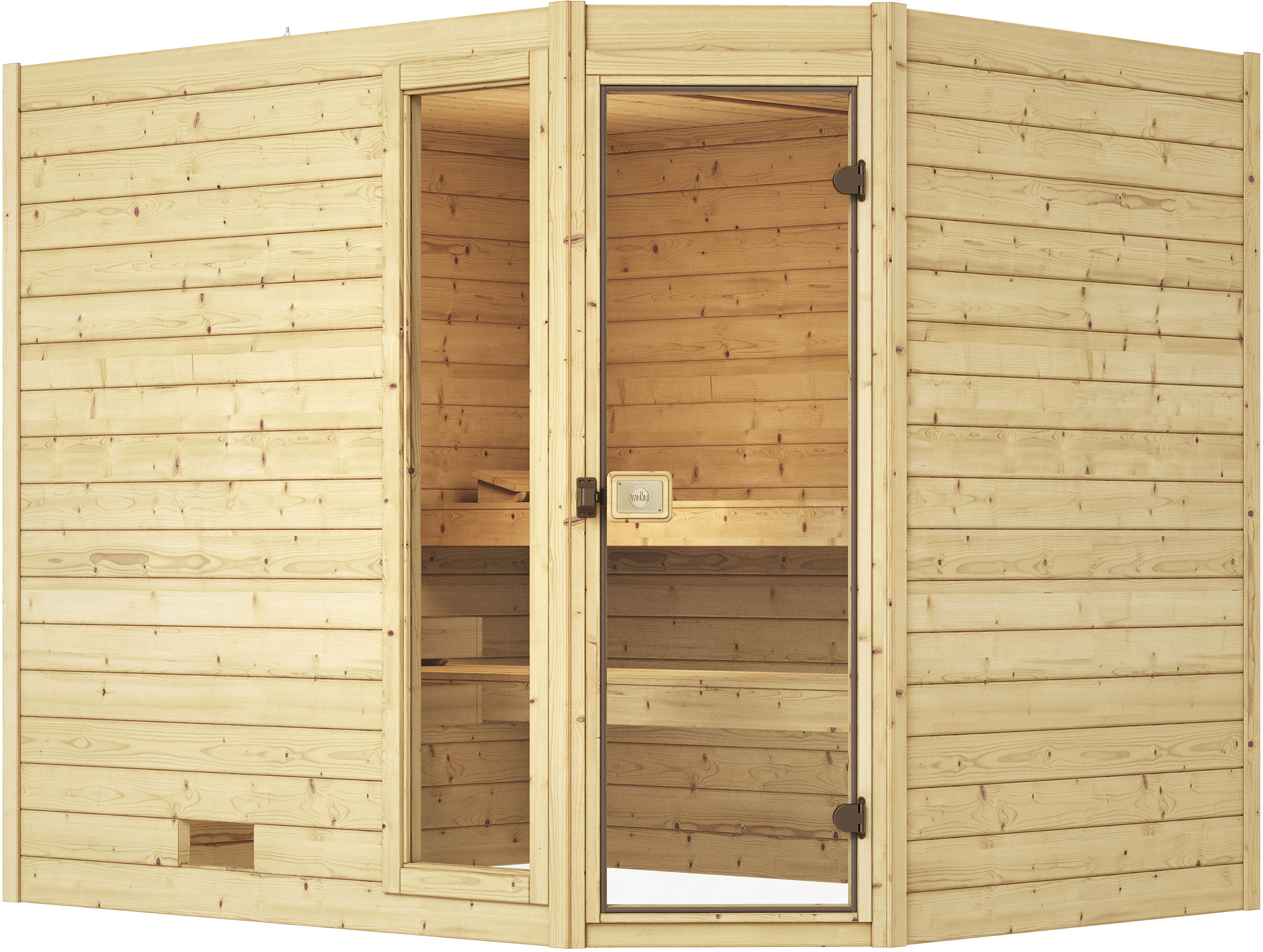 weka Sauna "Massivholzsauna VALIDA Eck 3" Blockbohlen, Fensterlement, moderne Ganzglastür