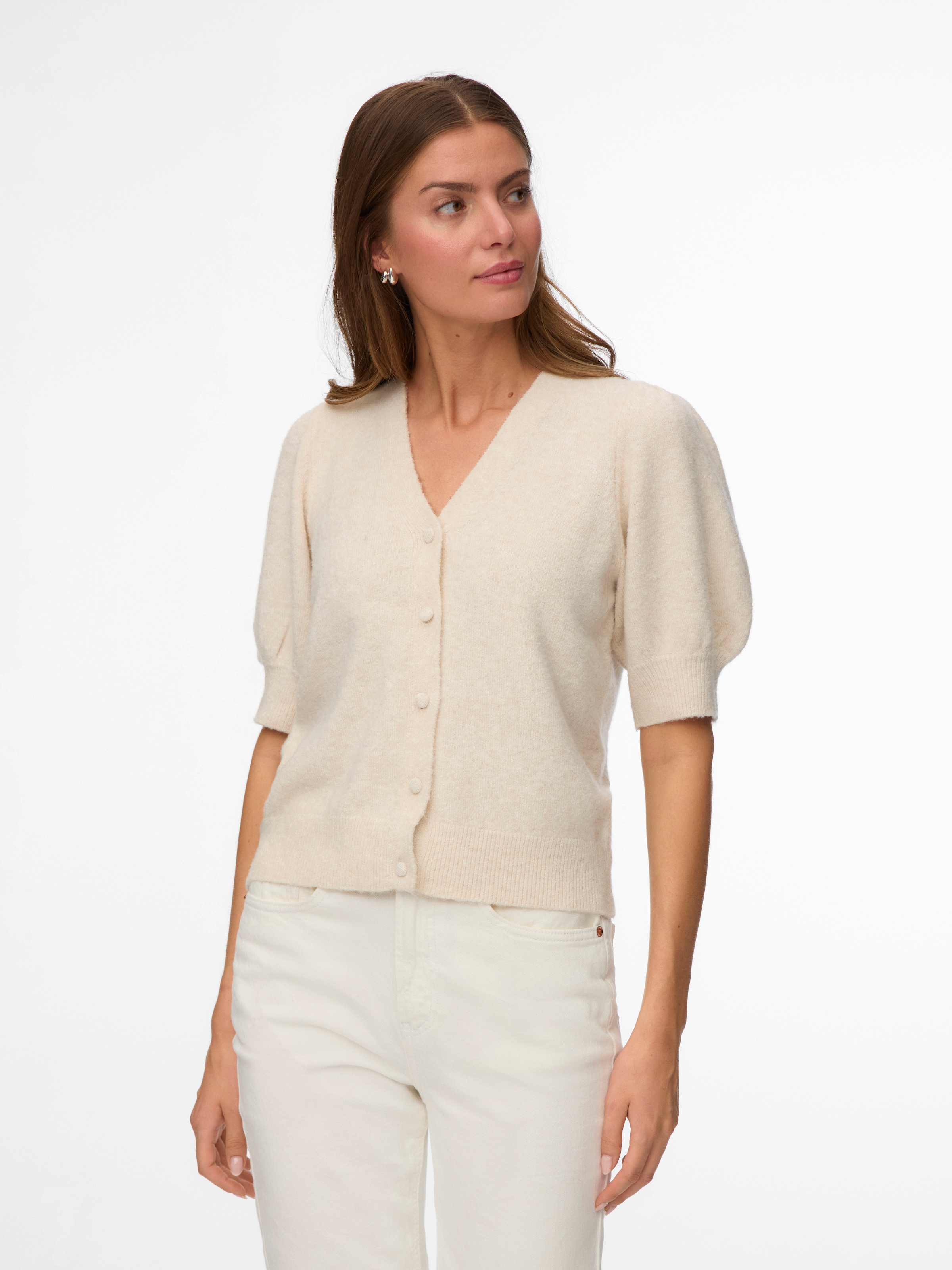 Strickjacke VERO MODA "VMDOFFY 2/4 V-NECK CARDIGAN NOOS", Herren, Gr. L, birch detail:melange, Strick, Obermaterial: 94% Polyester, 3% Elasthan, 3% Nylon, meliert, normal, V-Ausschnitt, Strickjacken Strickjacke, Materialmix