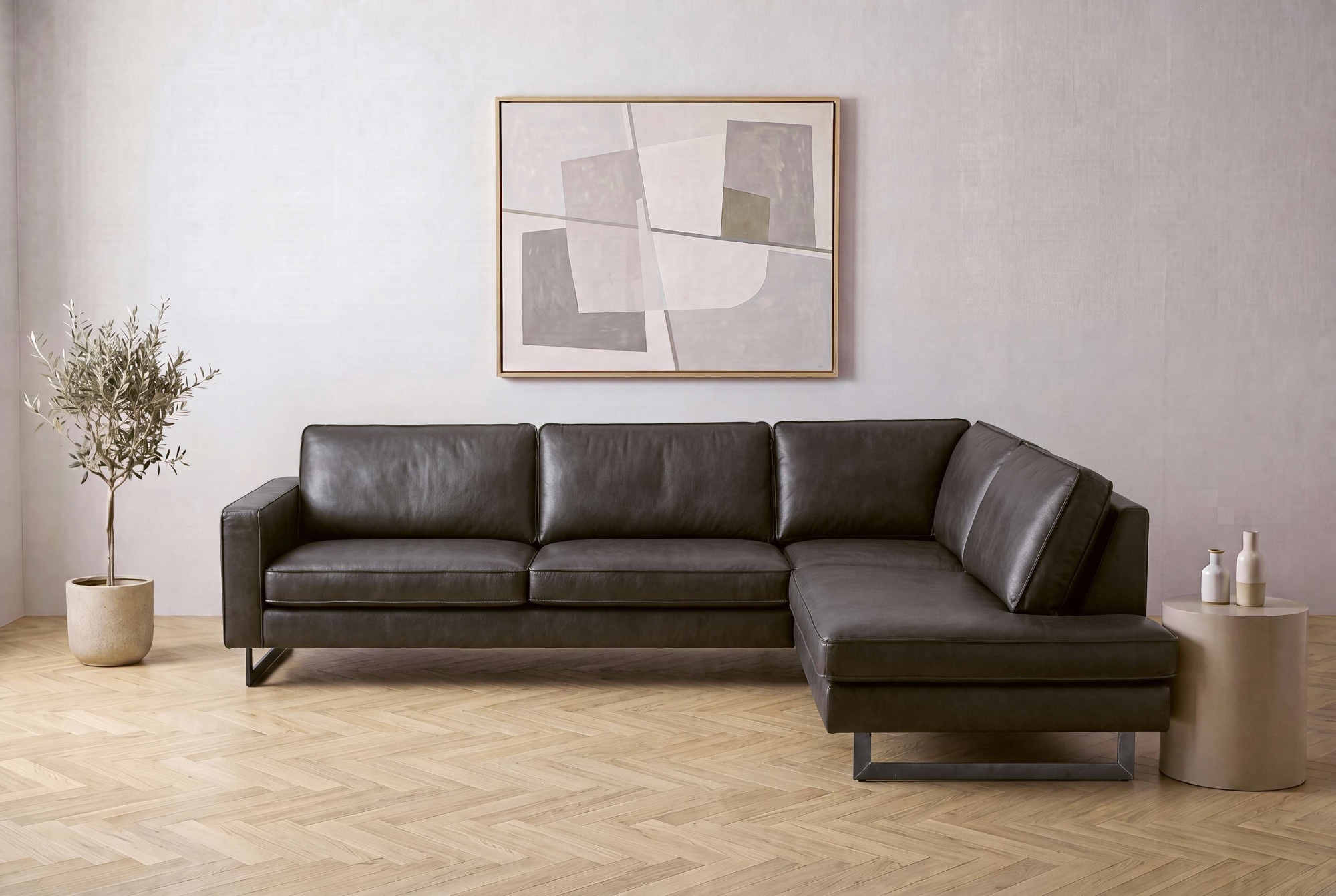 OTTO home Ecksofa "Pinto, 290 cm, Cord, Chenille, Lederoptik, Ottomane links / rechts" mit Keder, schwarze Metallfüße, Wellenunterfederung