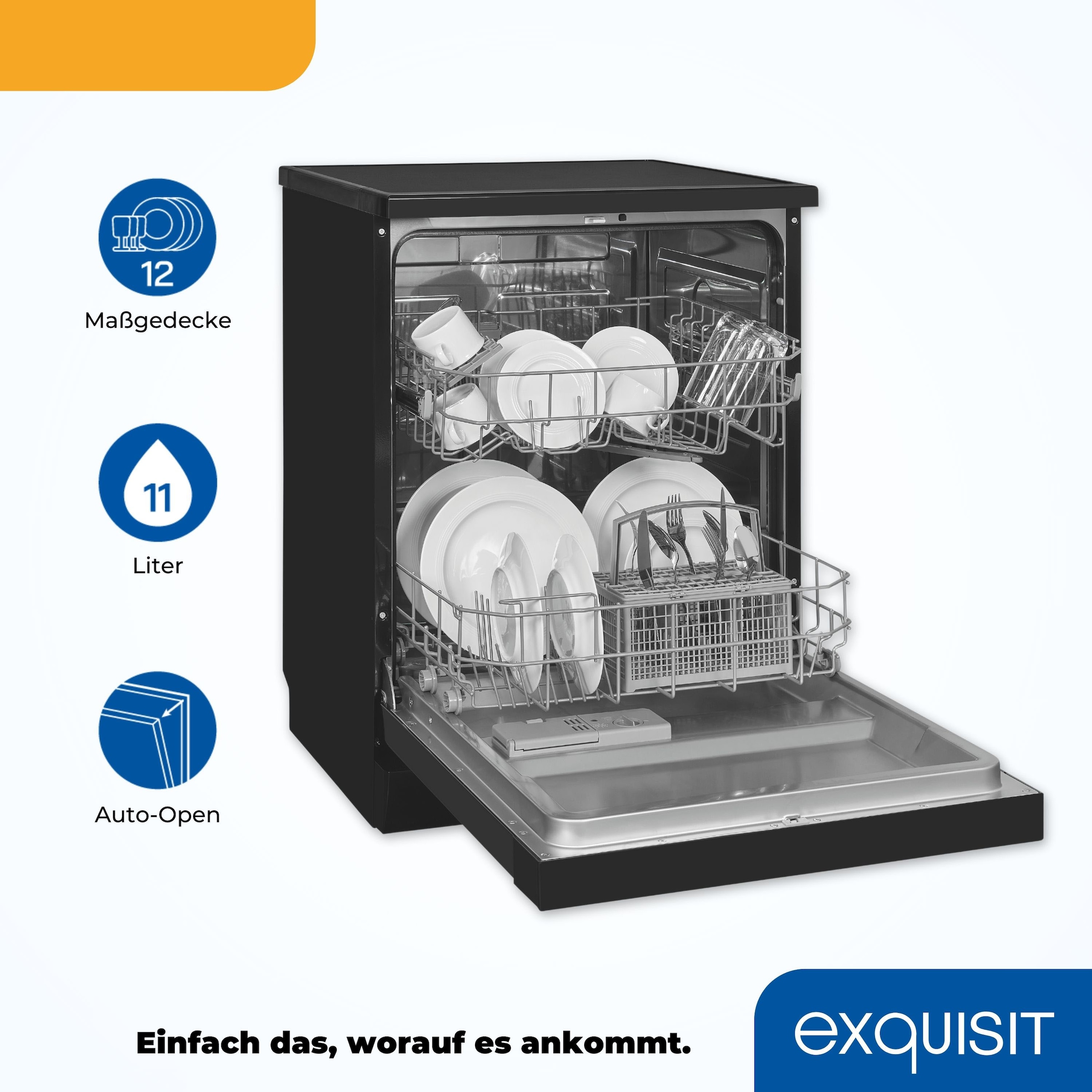 exquisit Standgeschirrspüler »GSP6312-030C schwarz« 9,8 l 12 tlg. Maßgedecke 12 Maßgedecke, 6 Programme, LED, Besteckkorb, Auto Door Open, AquaStop