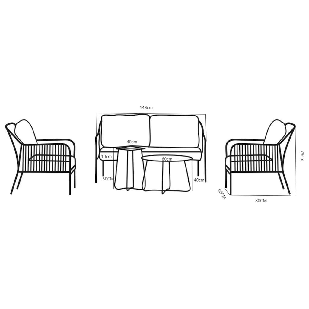 Destiny Gartenlounge-Set »GENUA«, (12 tlg.), 1 Sofa, 2 Sessel, 2 Tische ⌀ 60x40 u. ⌀ 40x50 cm