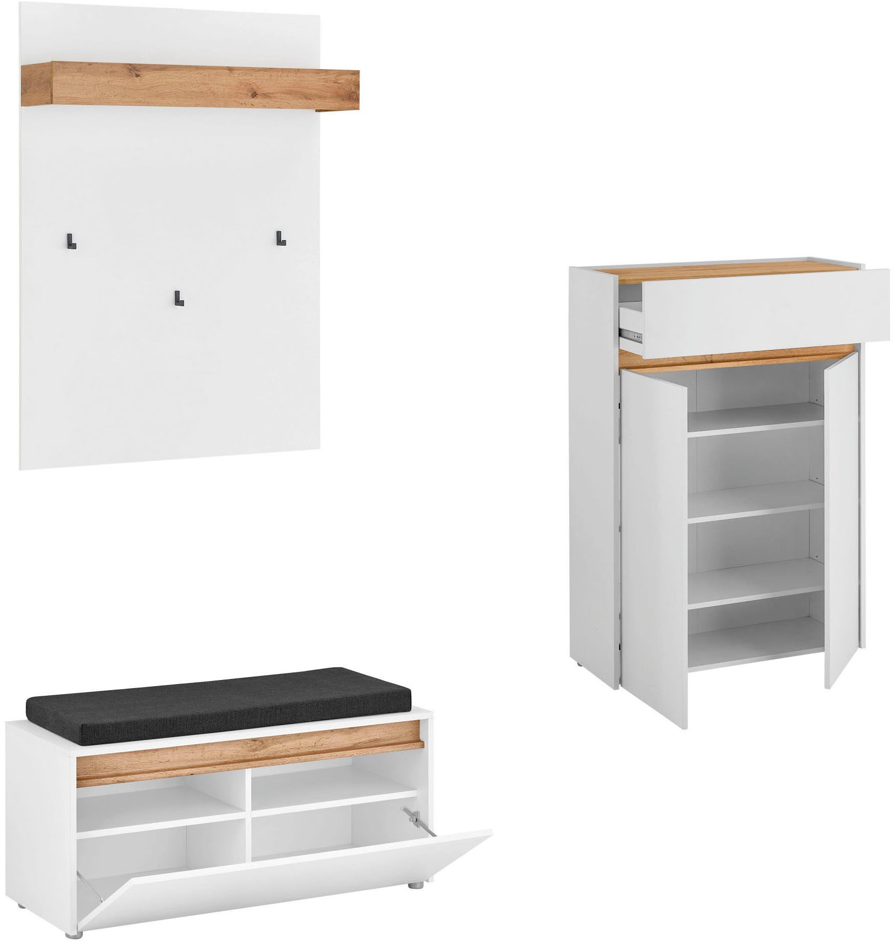 INOSIGN Garderoben-Set »City/Giron, moderne Garderobe, viel Stauraum, ca. 24 Schuhe«, (Set, 3 St.), enthält Schuhschrank, Garderobenpaneel & Garderobenbank mit Sitzkissen