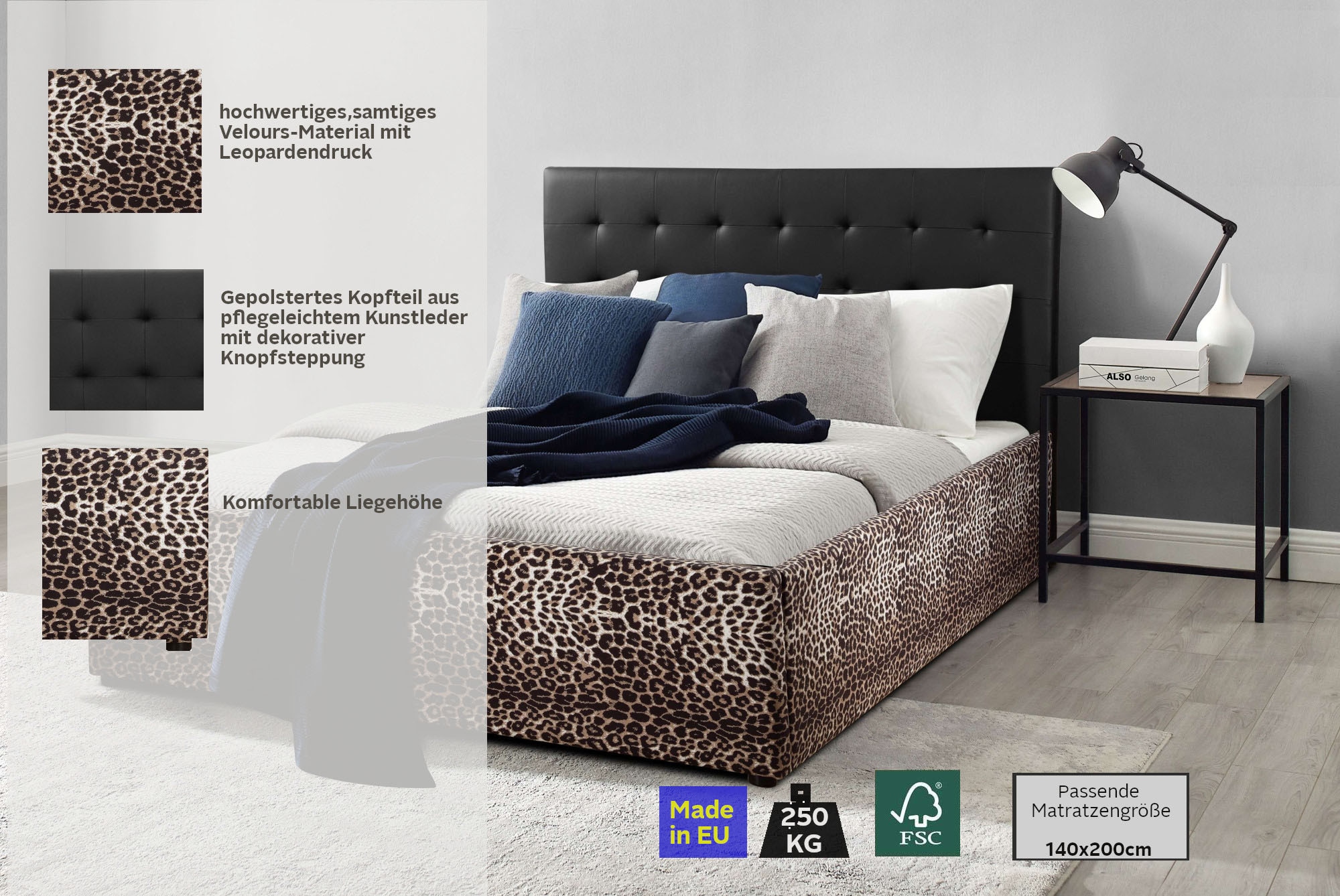 Home affaire Polsterbett »Hamar-Leo, Jugendbett, Kunstleder mit Veloursstoff«, (Liegefläche 140 cm x 200 cm, Belastbarkeit 250 KG), Leoparden-Optik, stylisches Design, hohe Belastbarkeit!