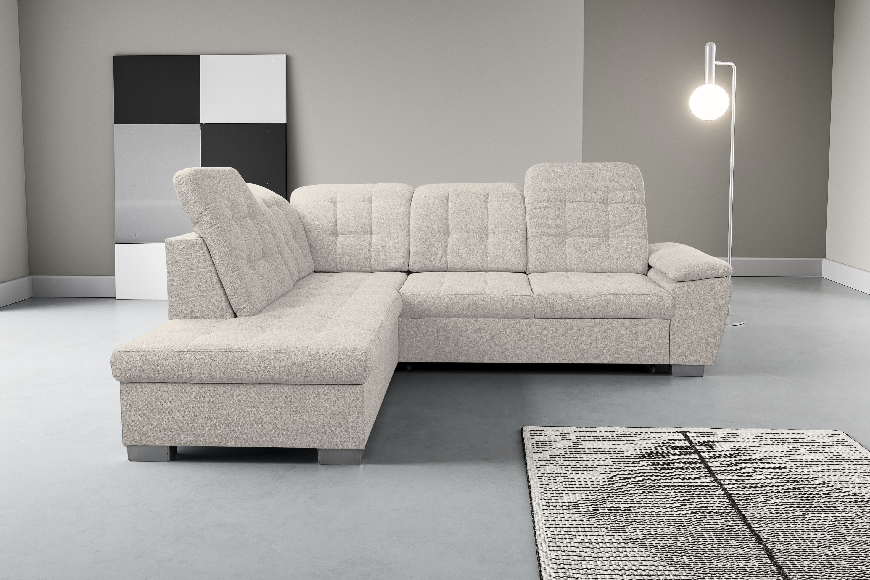 WERK2 Ecksofa "Bonny 265 x 215 cm inkl. Kopfteilverstellung modern und bequem" Struktur, L-Form, Schlaffunktion, Bettkasten