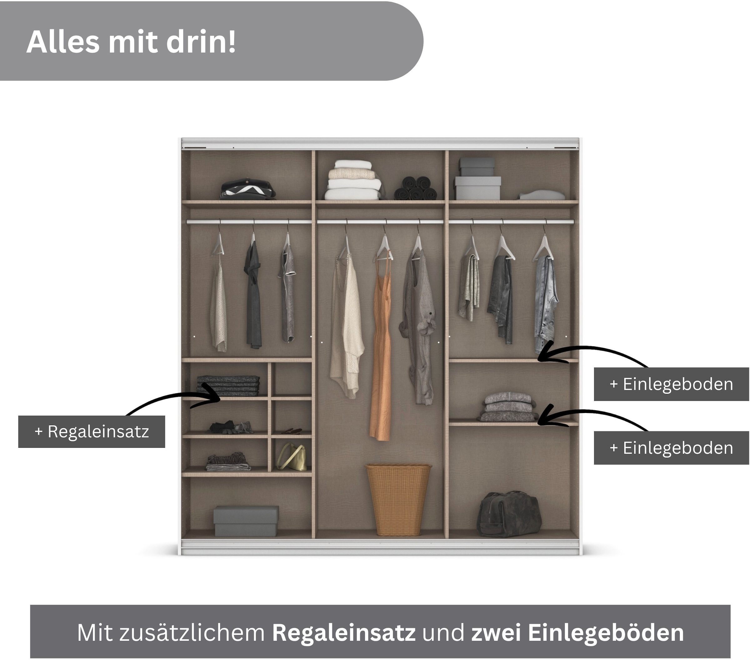 rauch Schwebetürenschrank »Kleiderschrank Schrank Garderobe Wäscheschrank TOMA mit Passepartout«, inkl. Regaleinsatz sowie zusätzlichen Einlegeböden MADE IN GERMANY