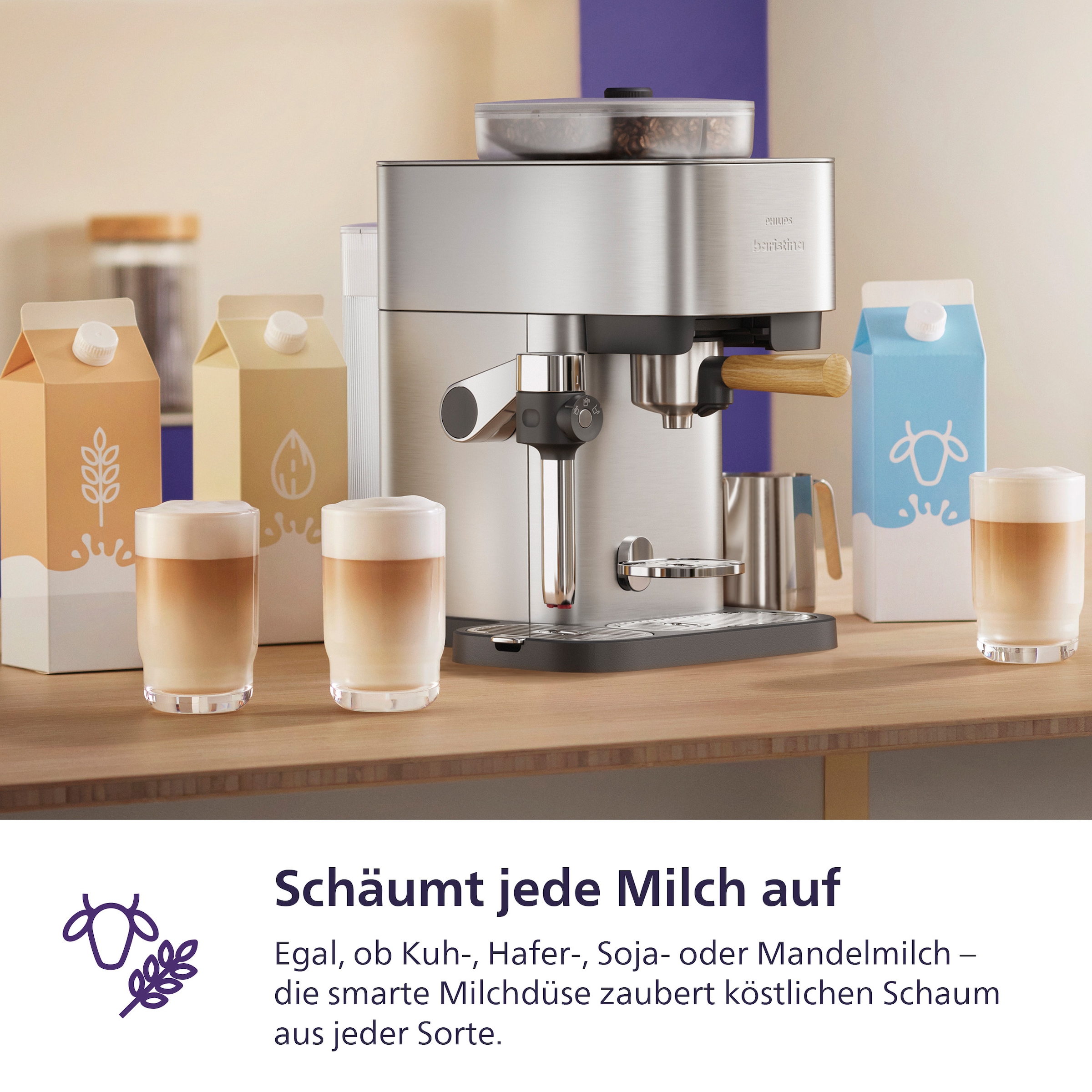 PHILIPS baristina Espressomaschine »Latte Plus BAR700/00 mit Mahlwerk für ganze Bohnen« automatische Milchdüse, 16 bar Pumpendruck, Edelstahl/Eschenholz