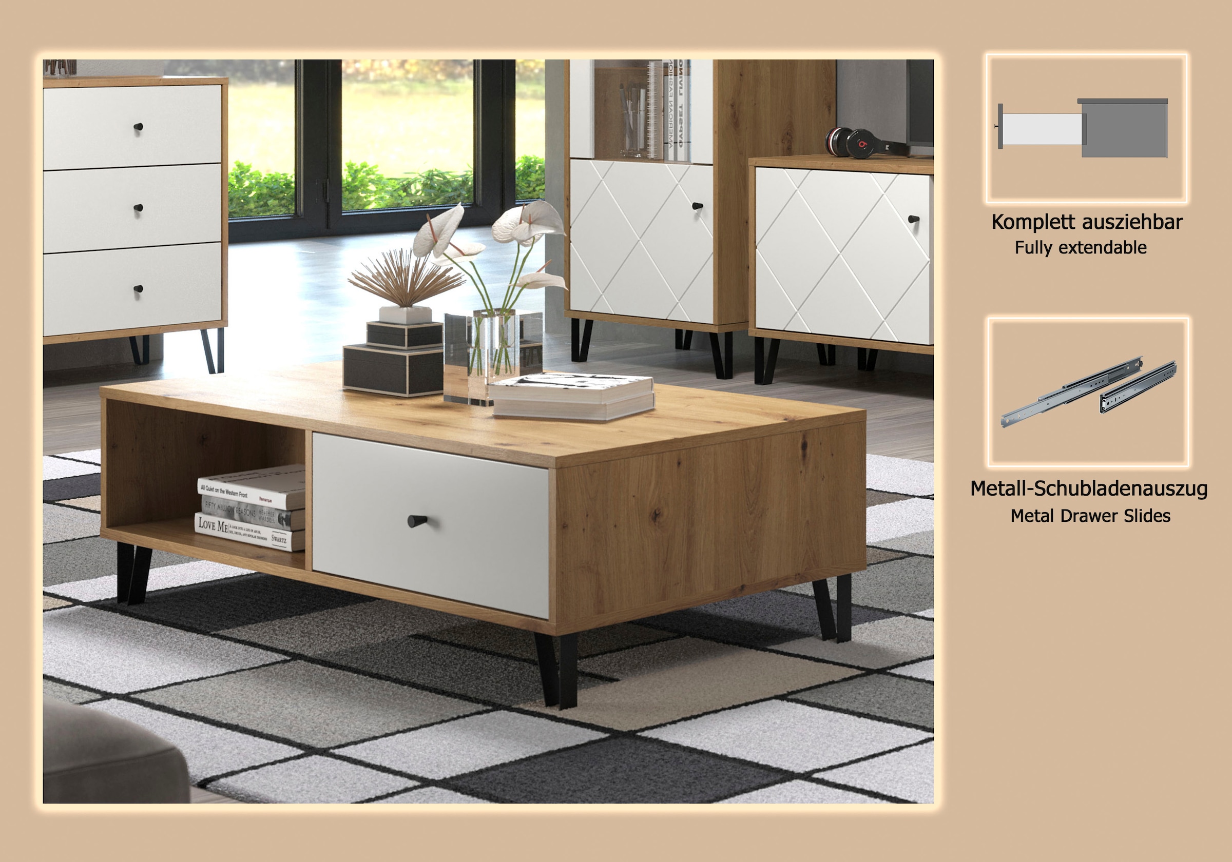 Places of Style Couchtisch »Tarragona«, Couchtisch m. 2 Schub.K, 2 Fächern & Soft-Close - (B/T/H) 110/60/37 cm