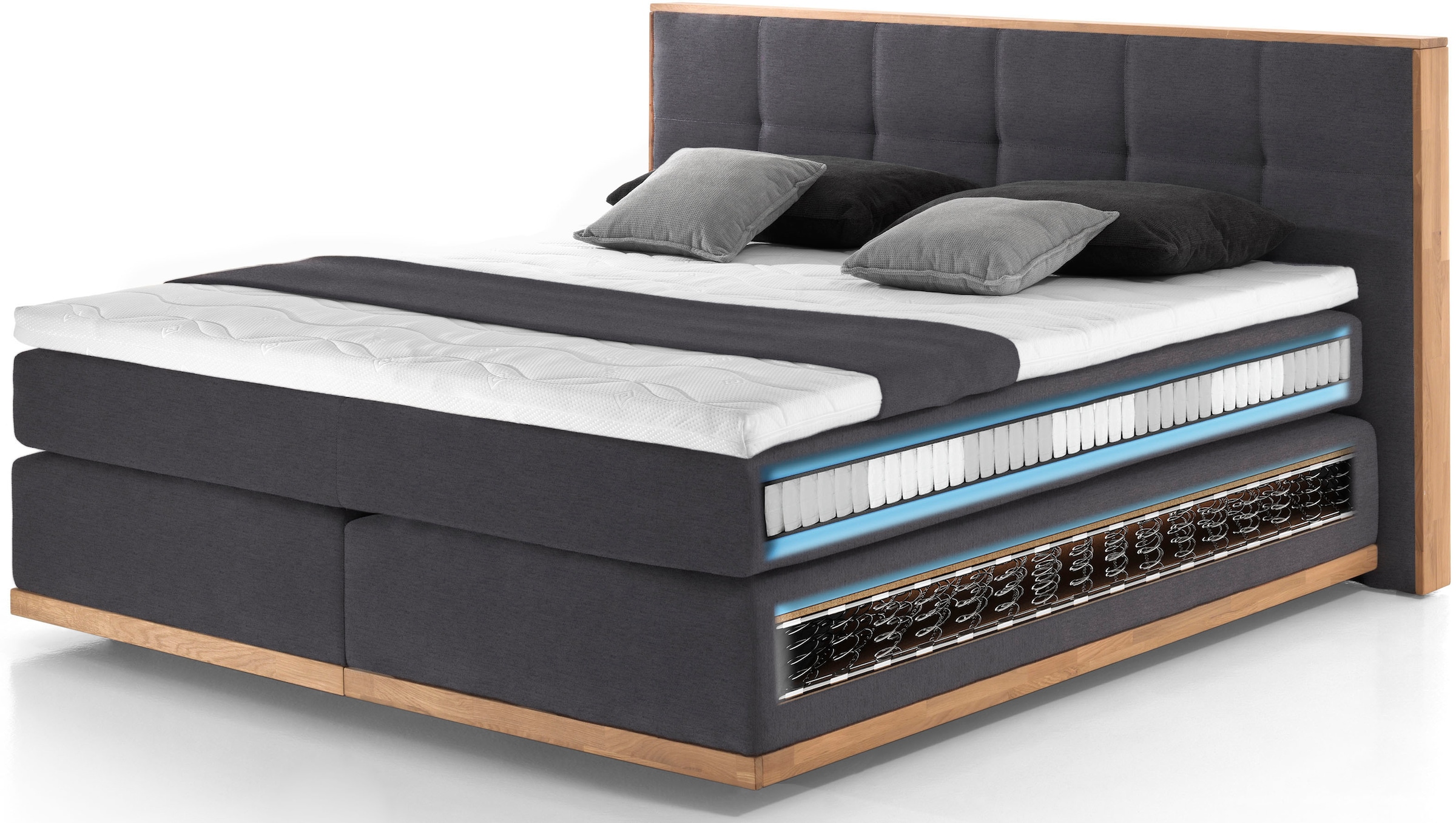 Boxspringbett Vinton, mit LED-Beleuchtung, Massivholzrahmen, verschiedene Härtegrade...