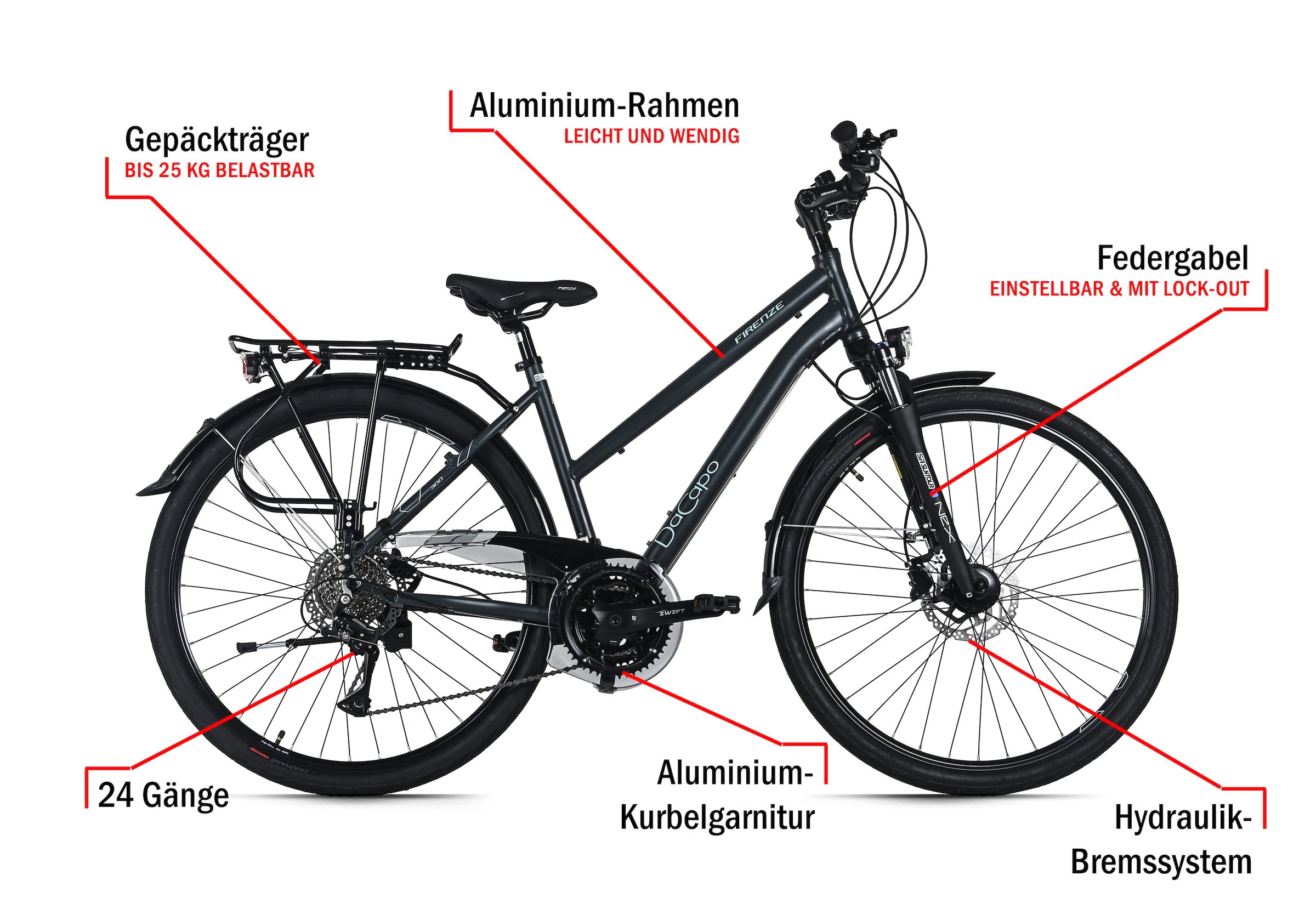 Dacapo Trekkingrad »Firenze 300 Anthrazit 24 Gänge RH 48 cm« 24 Gang Shimano Acera Schaltwerk Kettenschaltung