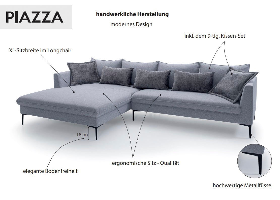 exxpo - sofa fashion Ecksofa »Piazza, elegant und edel, Designsofa mit tollem Sitzkomfort,«, (2 St.), Longchair Ecke in hochwertiger Verarbeitung, Stellmaße 321x187cm