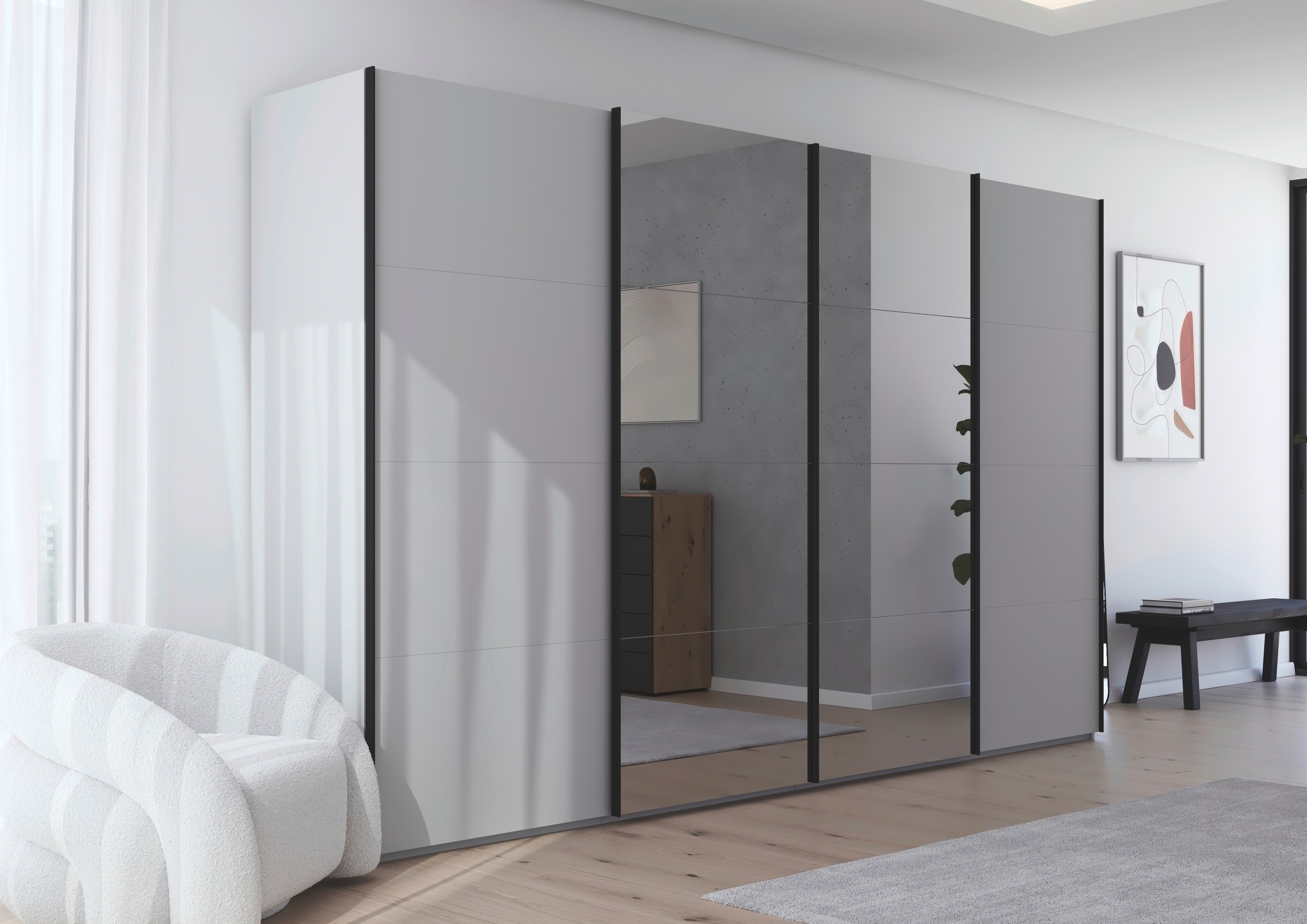 rauch Schwebetürenschrank »Kleiderschrank Schrank Garderobe Schlafzimmerschrank SCALE-FYRA«, edle viergeteilte Türen mit Spiegel und vielen Farben MADE IN GERMANY