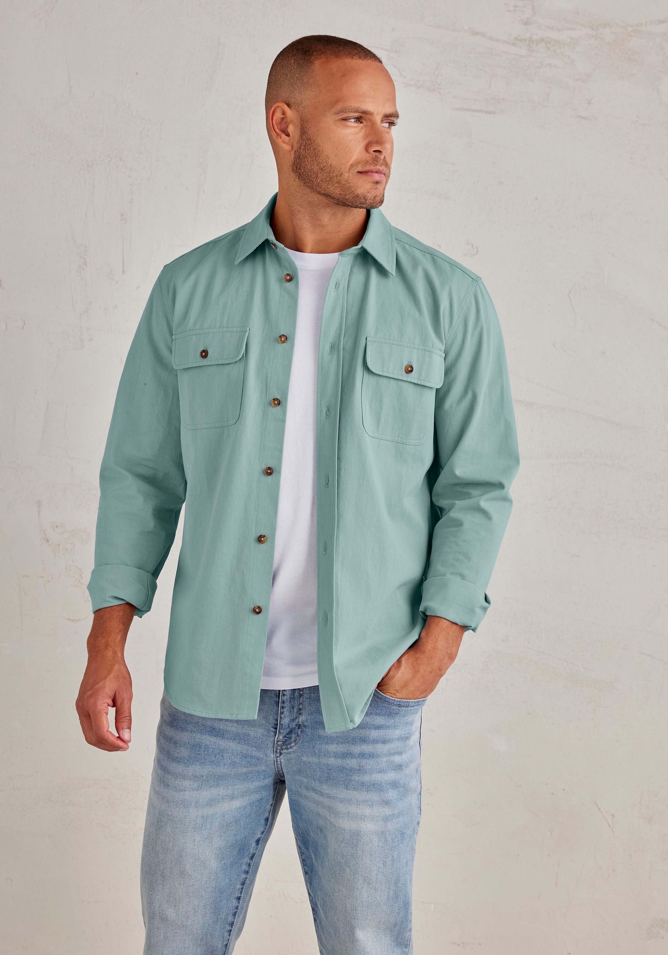 John Devin Langarmhemd », cooles Overshirt«, aus reiner Baumwolle, mit aufgesetzten Taschen