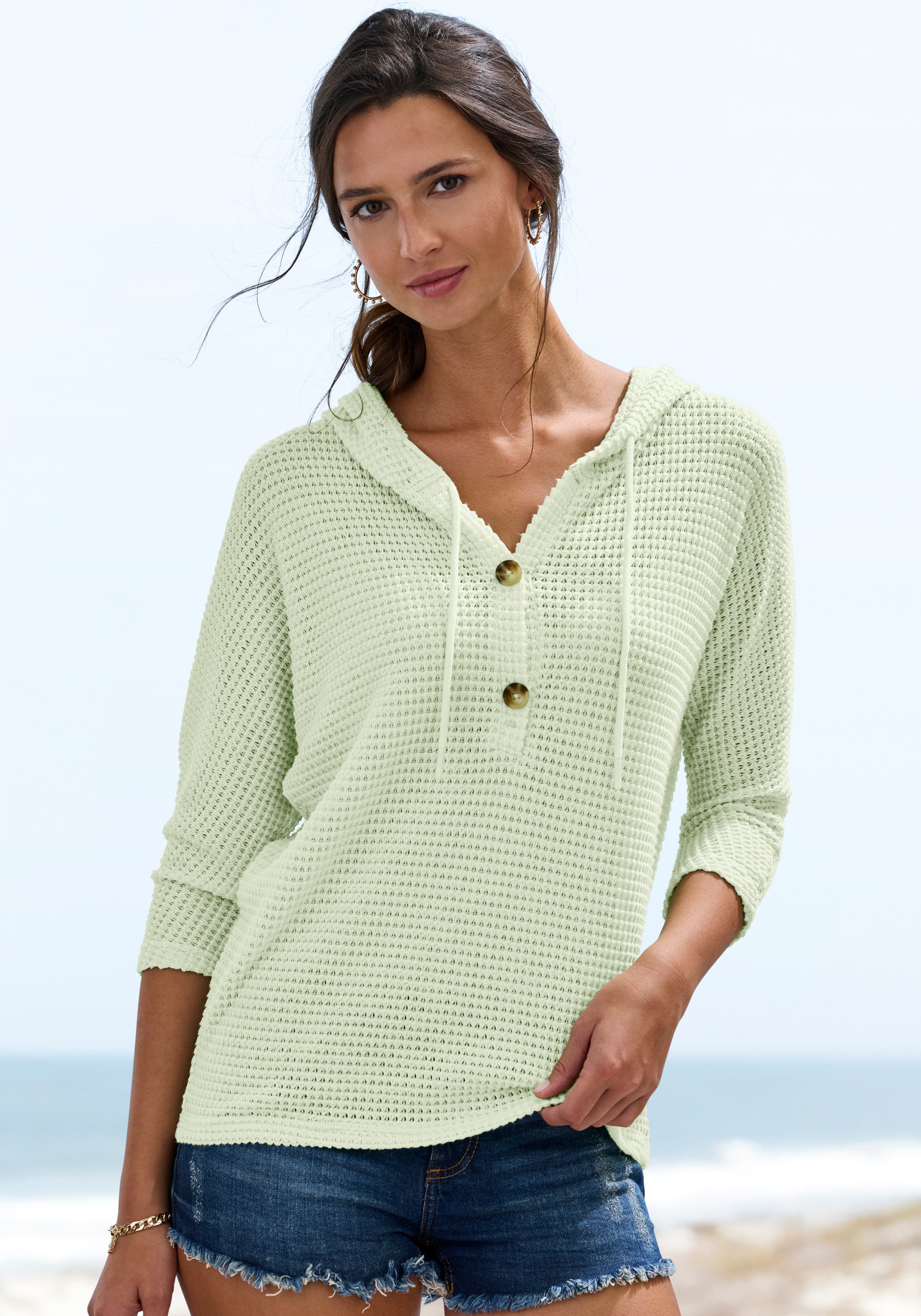 LASCANA Kapuzenshirt "aus sommerlichem Waffelstrick" Sommerhoody mit Knopfleiste
