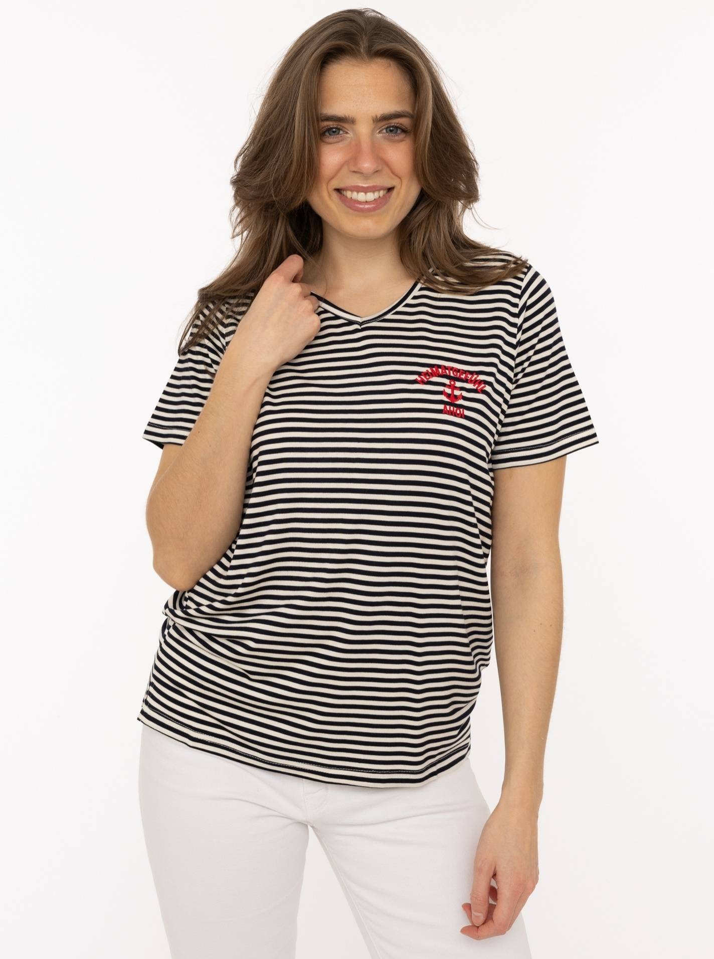 Zwillingsherz T-Shirt ""Heimatgefühl"" V-Neck, gestreift, kleines Motiv ges günstig online kaufen