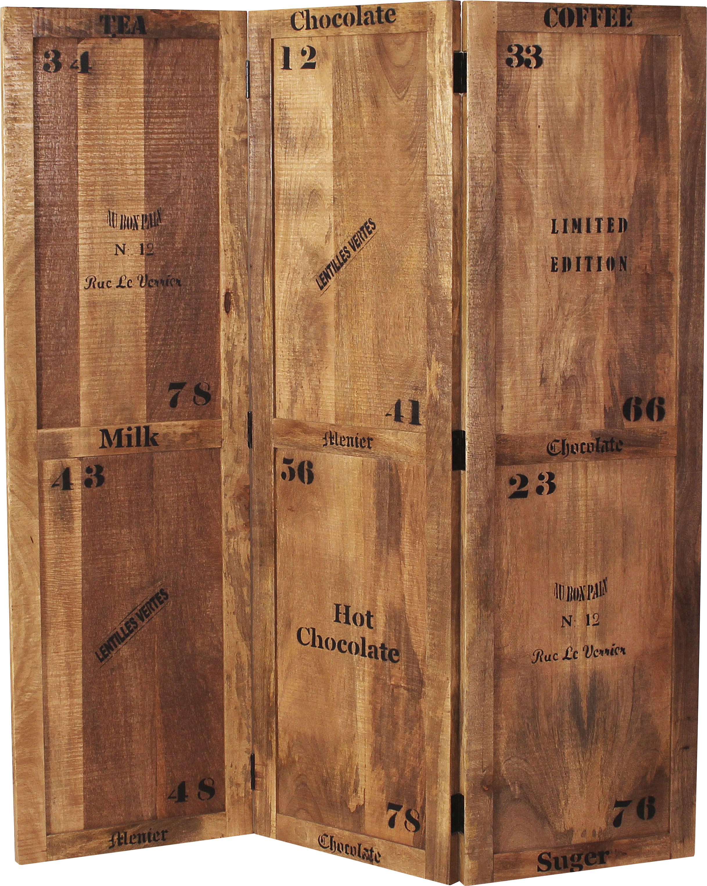 SIT Paravent "Halle 3-tlg. aus Mangoholz mit Schriftzügen & Gebrauchsspuren" 3-teiliger Raumteiler mit originellen schwarzen Schriftzügen