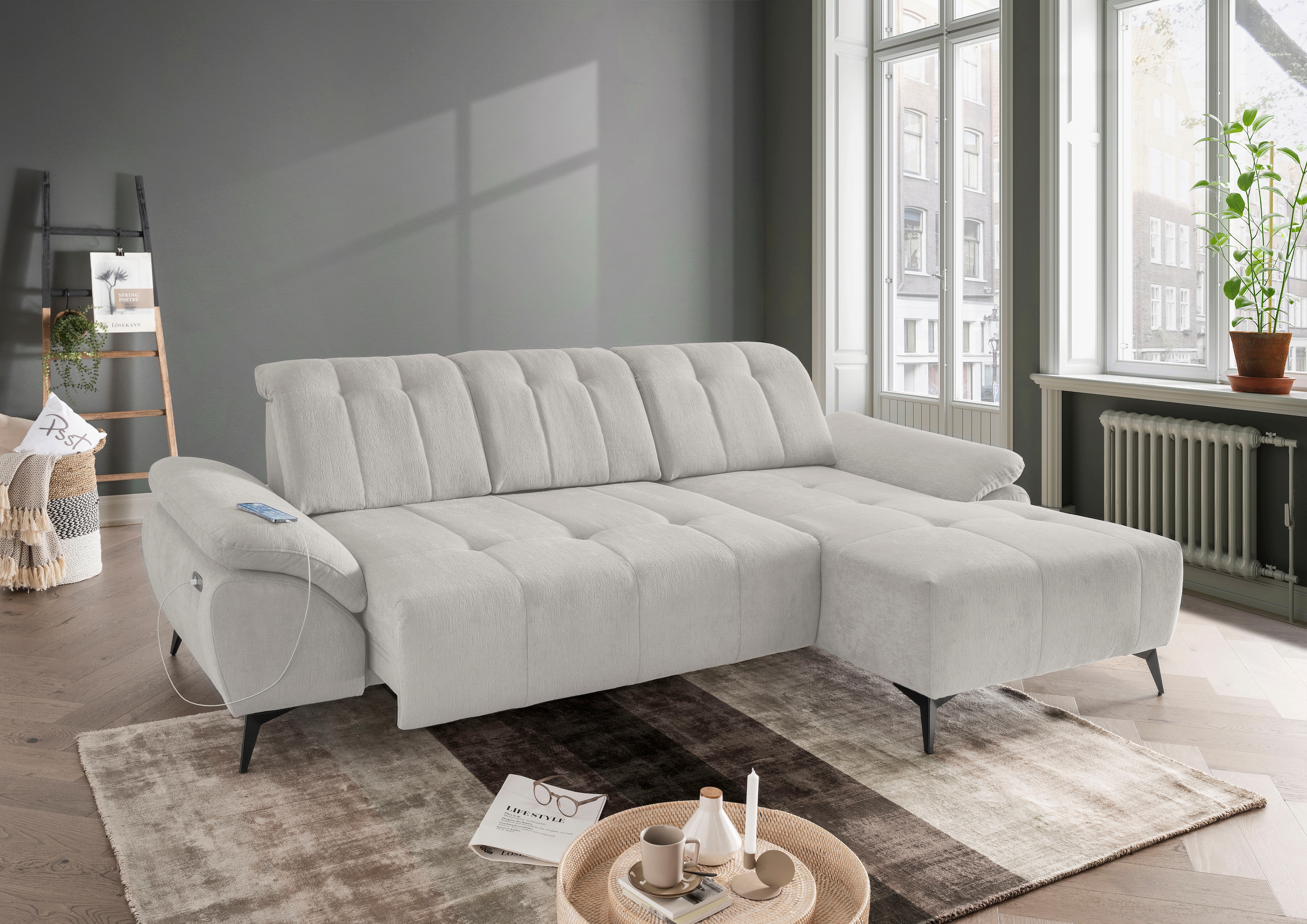 Home affaire "Fiore modern, bequeme Armlehnen, tolle Detailverarbeitung, L-Form" elektrischer Sitzvorschub und Kopfstützen höhenverstellbar