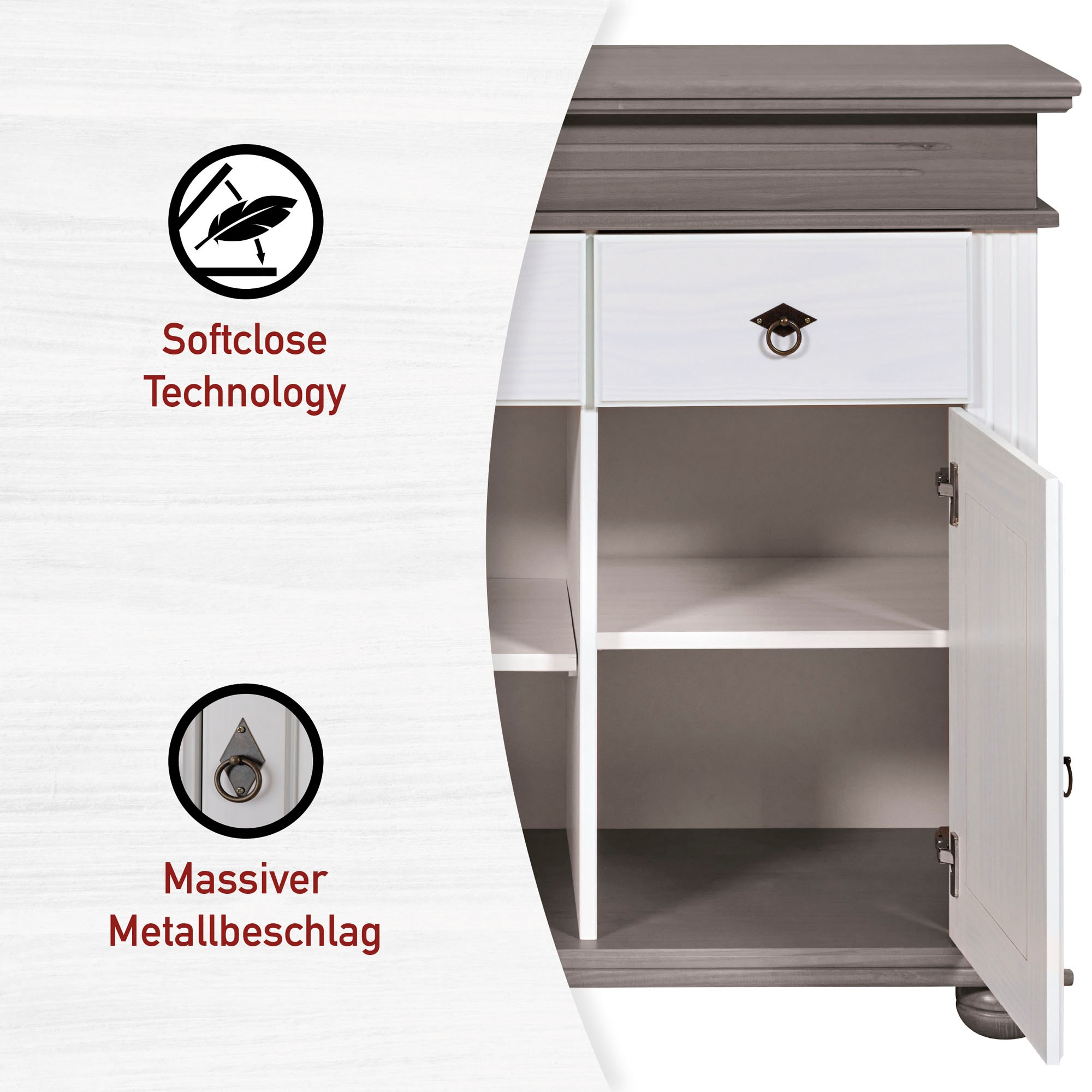 Inter Link Anrichte »Halmaro, Kiefer Massivholz, Soft-close, 141 x 46 x 100 cm, Stauraum« 1 Stk. tlg. Sideboard in Weiss, Grau/Lava, Landhausstil, 3 Türen, 3 Schubladen