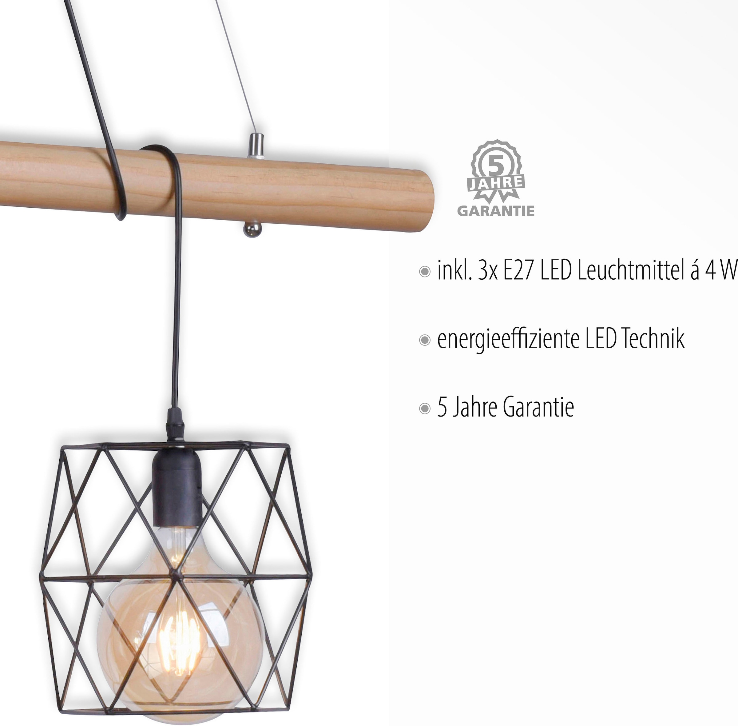 JUST LIGHT LED & BAUR Kombination 3 Pinienholz Pendelleuchte | rustikalem »EDGAR«, Metallkörbchen lackierten flammig-flammig, aus