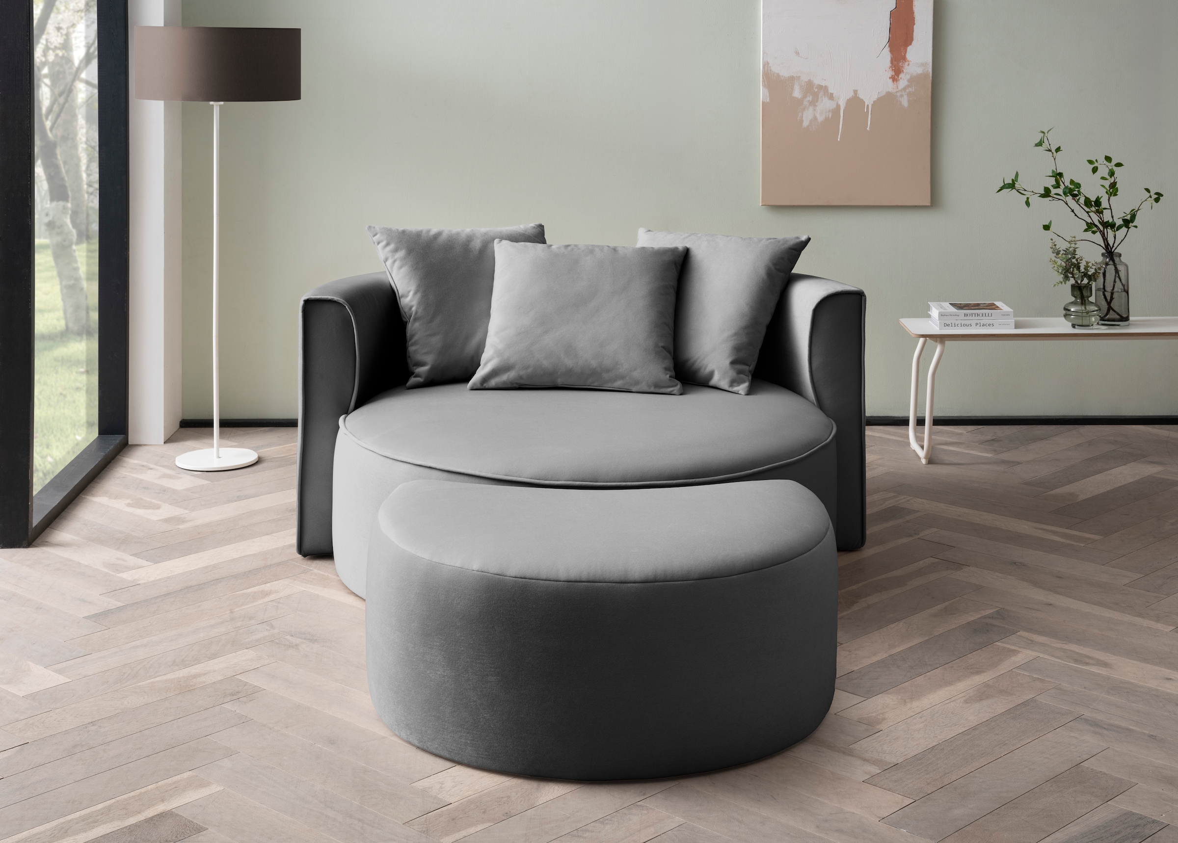 LeGer Home by Lena Gercke XXL-Sessel »Isalie, Rundsessel mit Hocker, Lesesessel, Loveseat, Big-Sessel«, (Set), trendige Stoffe, mit 3 Zierkissen, große Sitzfläche