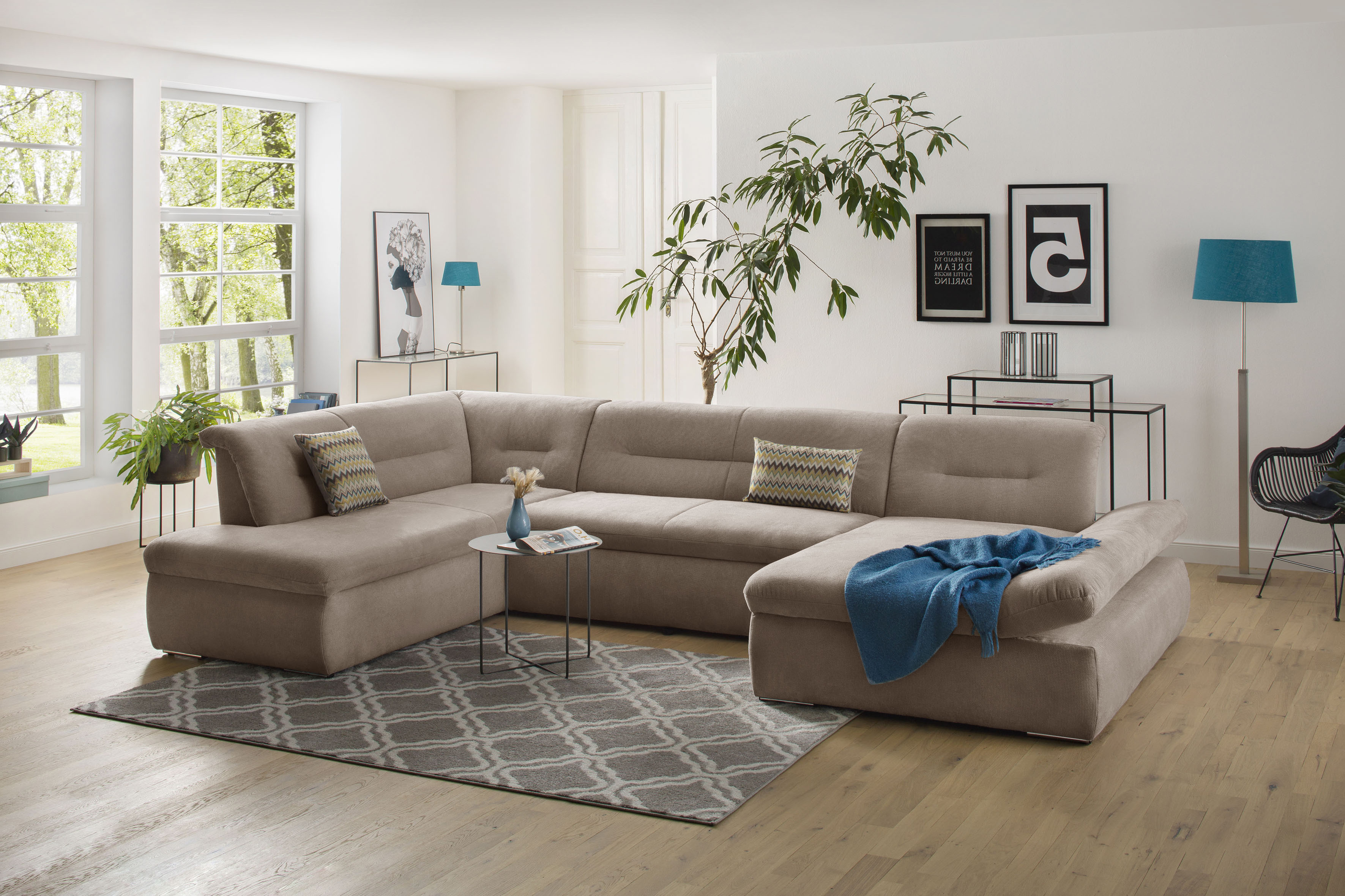 Home affaire Wohnlandschaft "Avesa U-Form" Wahlweise mit Armteilverstellung und Bettfunktion, B/T/H: 355/216/80cm