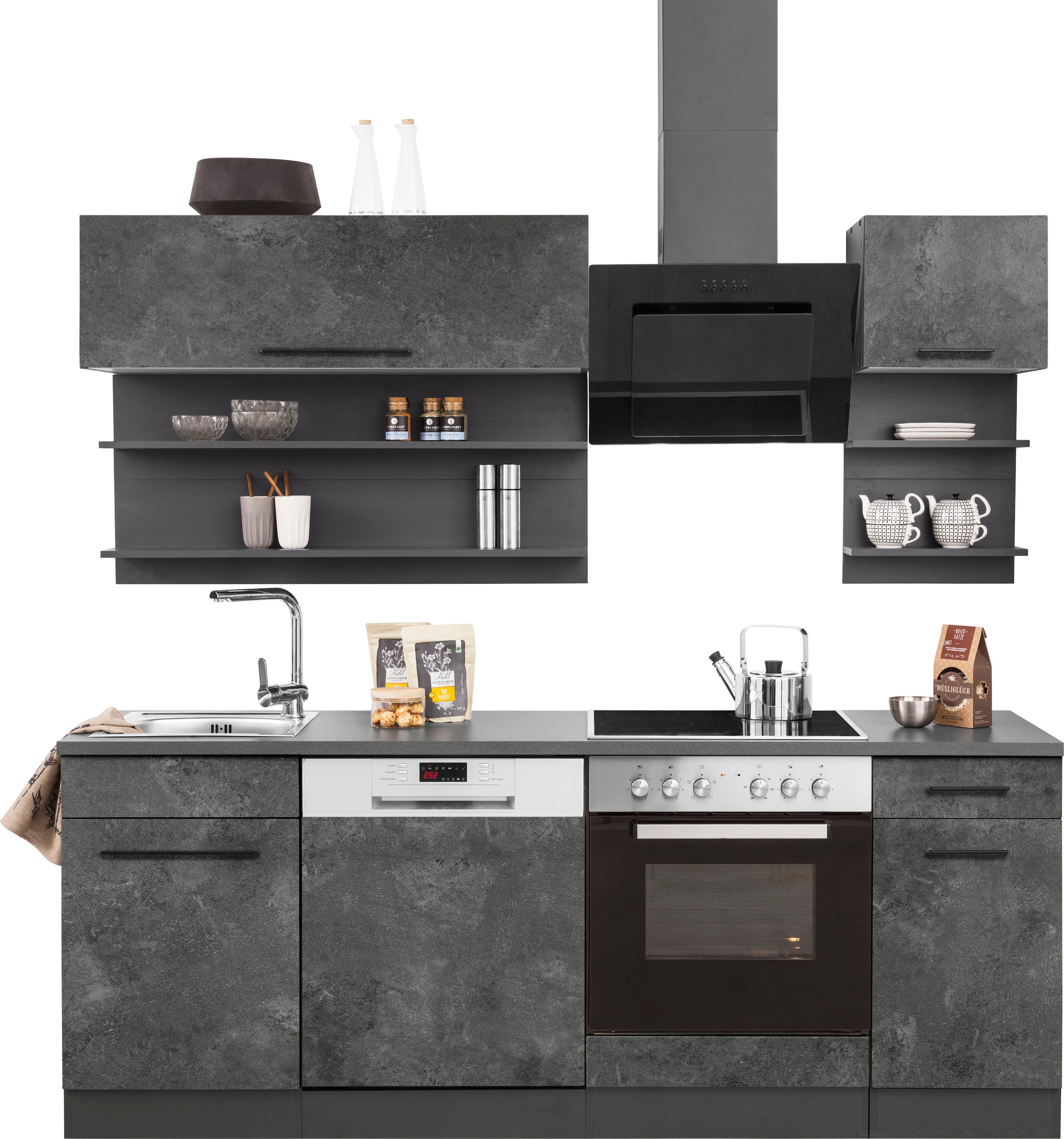 KOCHSTATION Küchenzeile »KS-Tulsa«, ohne E-Geräte, Breite 210 cm, schwarze Metallgriffe, MDF Fronten