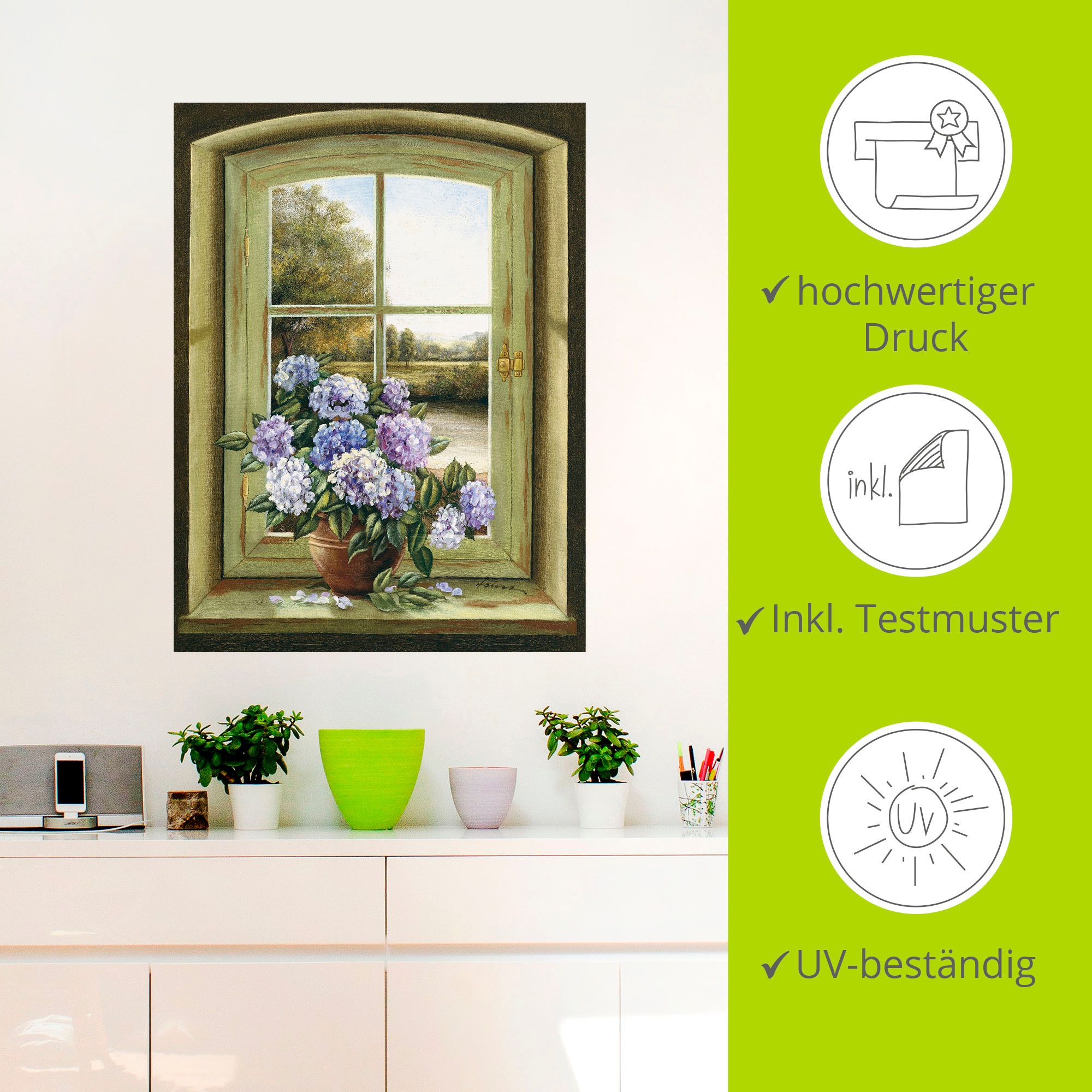 Artland Wandbild »Hortensien am Fenster«, Arrangements, (1 St.), als Alubild, Outdoorbild, Leinwandbild, Poster, Wandaufkleber