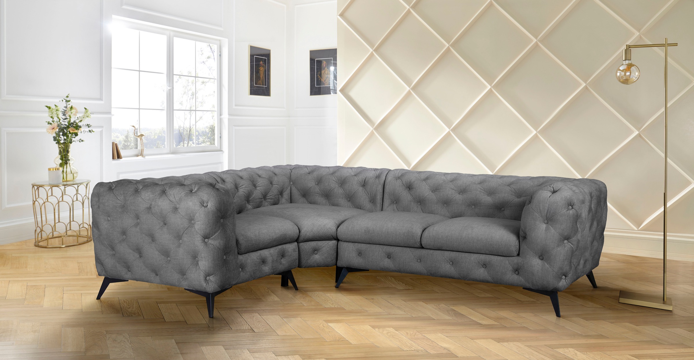 Leonique Chesterfield-Sofa »Glynis L-Form«, aufwändige Knopfheftung, moderne Chesterfield Optik, Fußfarbe wählbar