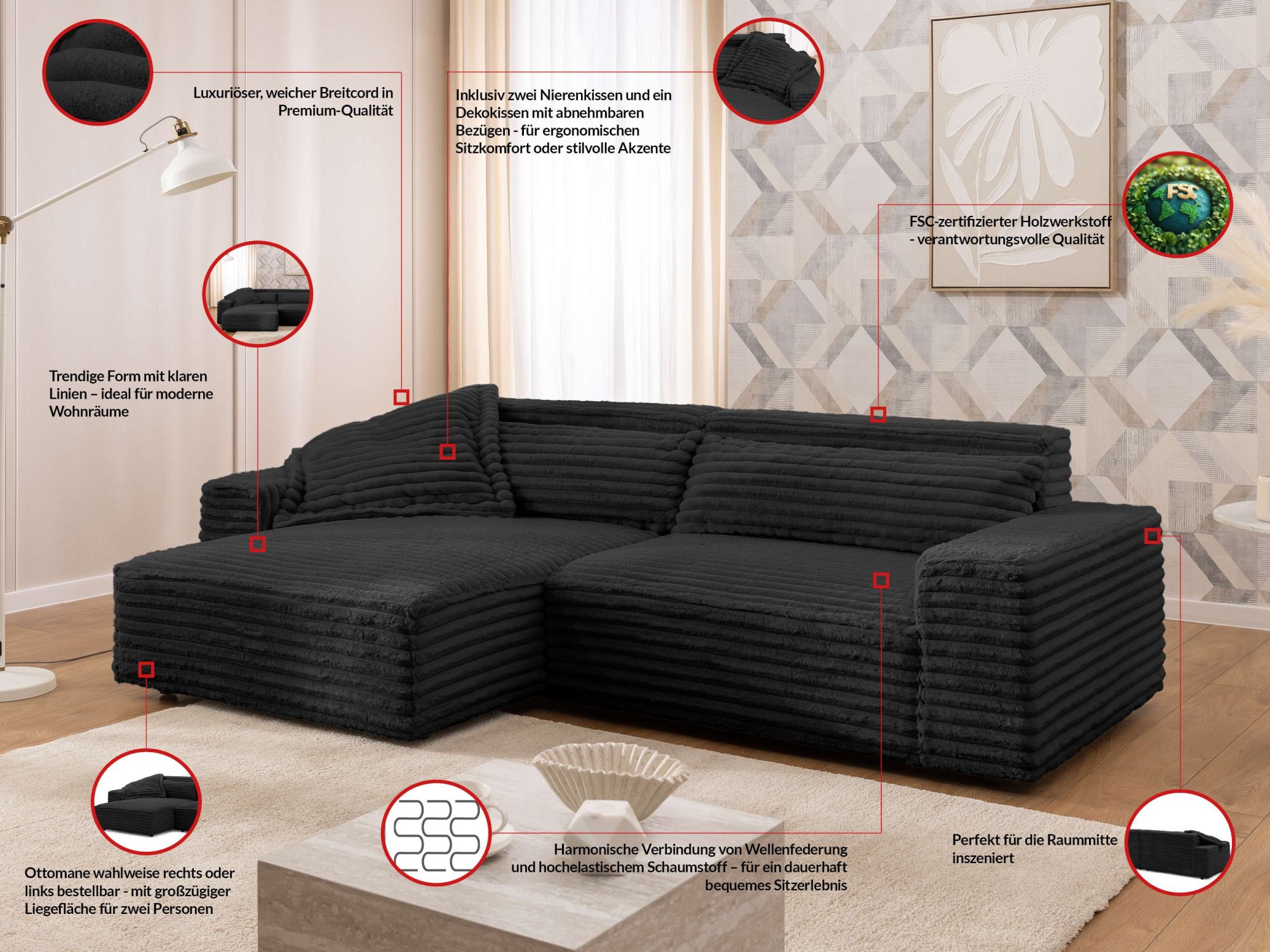 Thumbnail - OTTO home Ecksofa "KINLEE Design-Sofa mit Recamiere rechts/links, Maße B/T/H 251/144/70cm" L-Form mit Wellenunterfederun...
