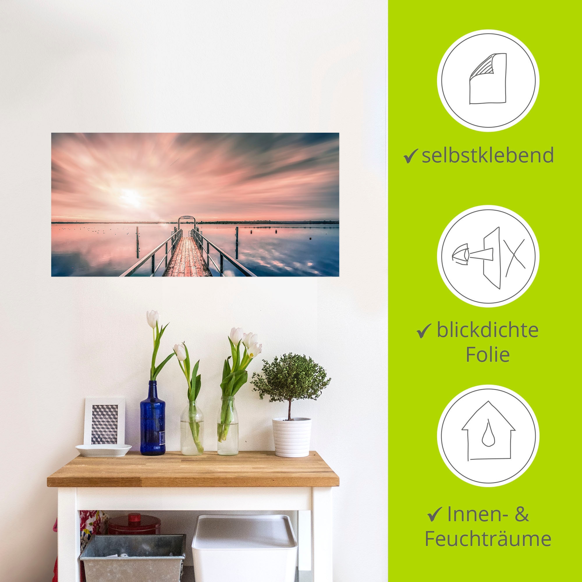 Artland Wandbild »Steg im Sonnenlicht mit Wolken«, Bilder vom Sonnenuntergang & -aufgang, (1 St.), in vielen Größen & Produktarten , Alubild, Leinwandbild, Poster, Wandaufkleber