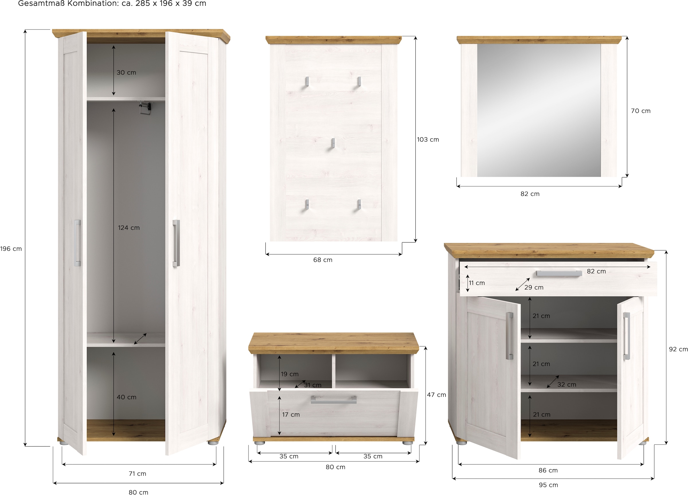 Home affaire Garderoben-Set »Cosenza, Breite ca. 285 cm, 2-farbig, 5-teilig, bestehend aus:«, (5 St.), Garderobenschrank, Sitzbank, Garderobenpaneel, Schuhschrank, Spiegel