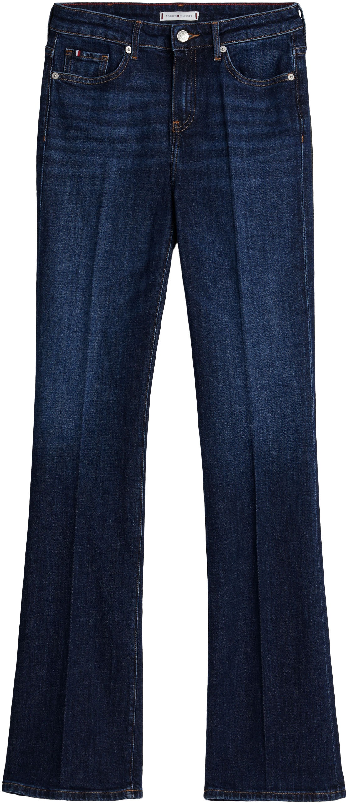 Bootcut-Jeans TOMMY HILFIGER "BOOTCUT RW PATY", Damen, Gr. 30, Länge 30, blau (nos dunkelblau), Denim/Jeans, Obermaterial: 99% Baumwolle, 1% Elasthan, unifarben, bootcut fit lang, Jeans, mit Tommy Hilfiger Logo-Badge, Regular Waist 6