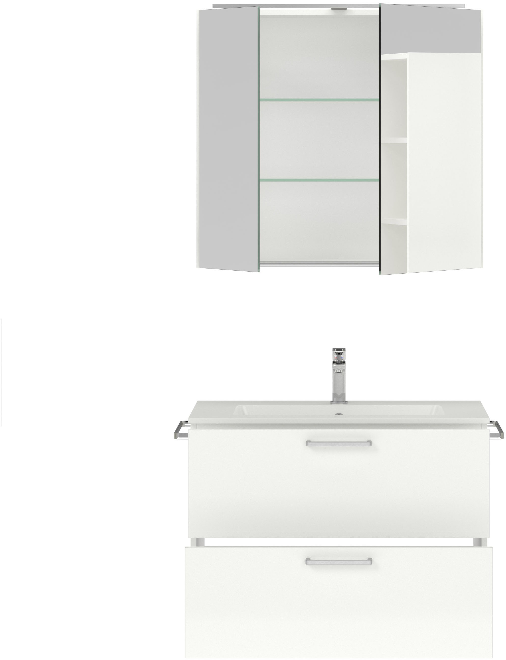 nobilia® Badmöbel-Set »Tolvina«, (2 St., vormontiert, mit Soft-Close), inkl. Spiegelschrank mit Beleuchtung und Dimmerfunktion, in 4 Breiten