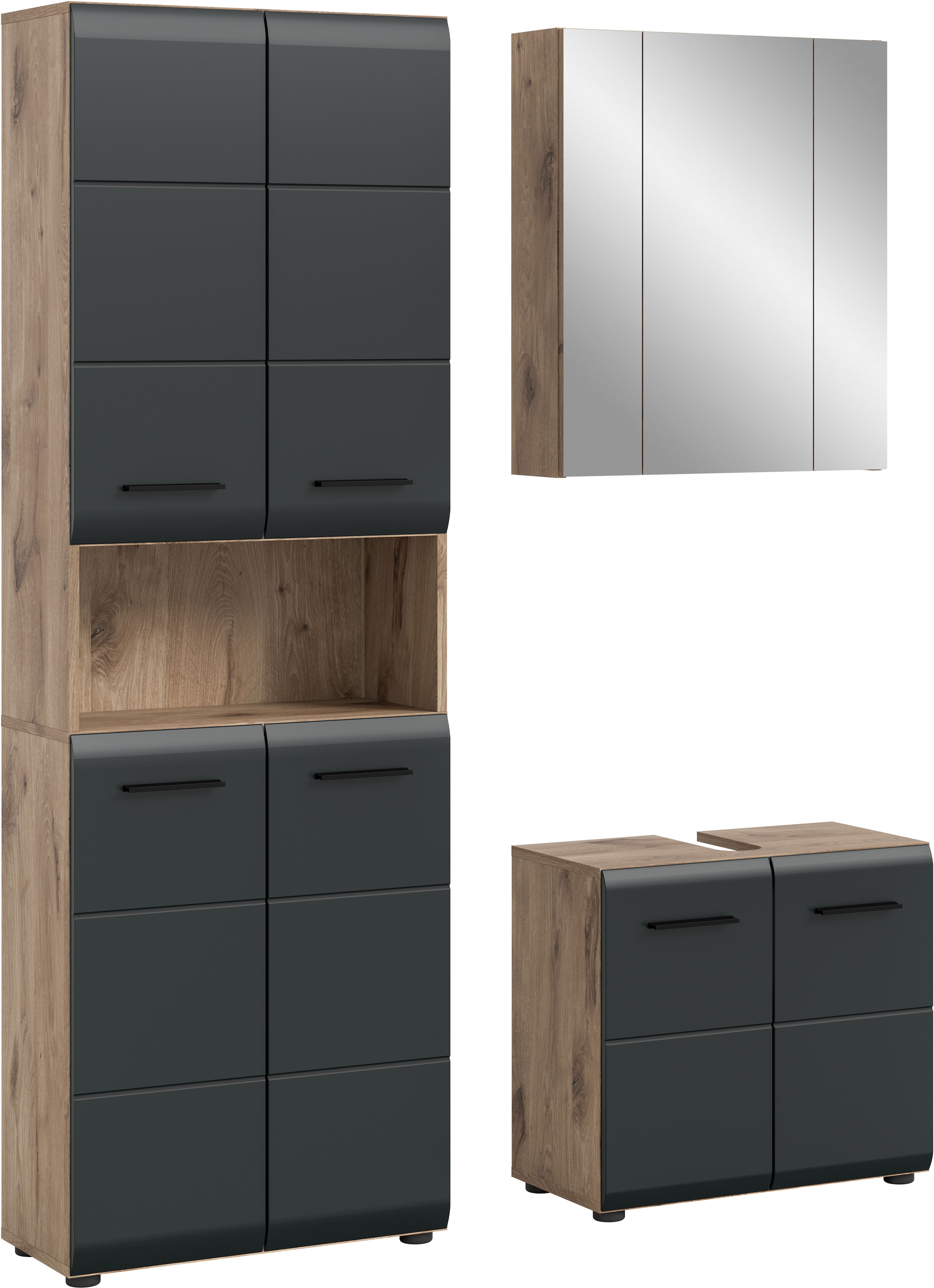 welltime Badmöbel-Set "FLORENZ, 3-teilige Badkombination, hochwertige MDF-Front" Set, best. aus: 1 Hochschrank, 1Waschbeckenunterschrank, 1 Spiegelschrank, 3 Stk. tlg.