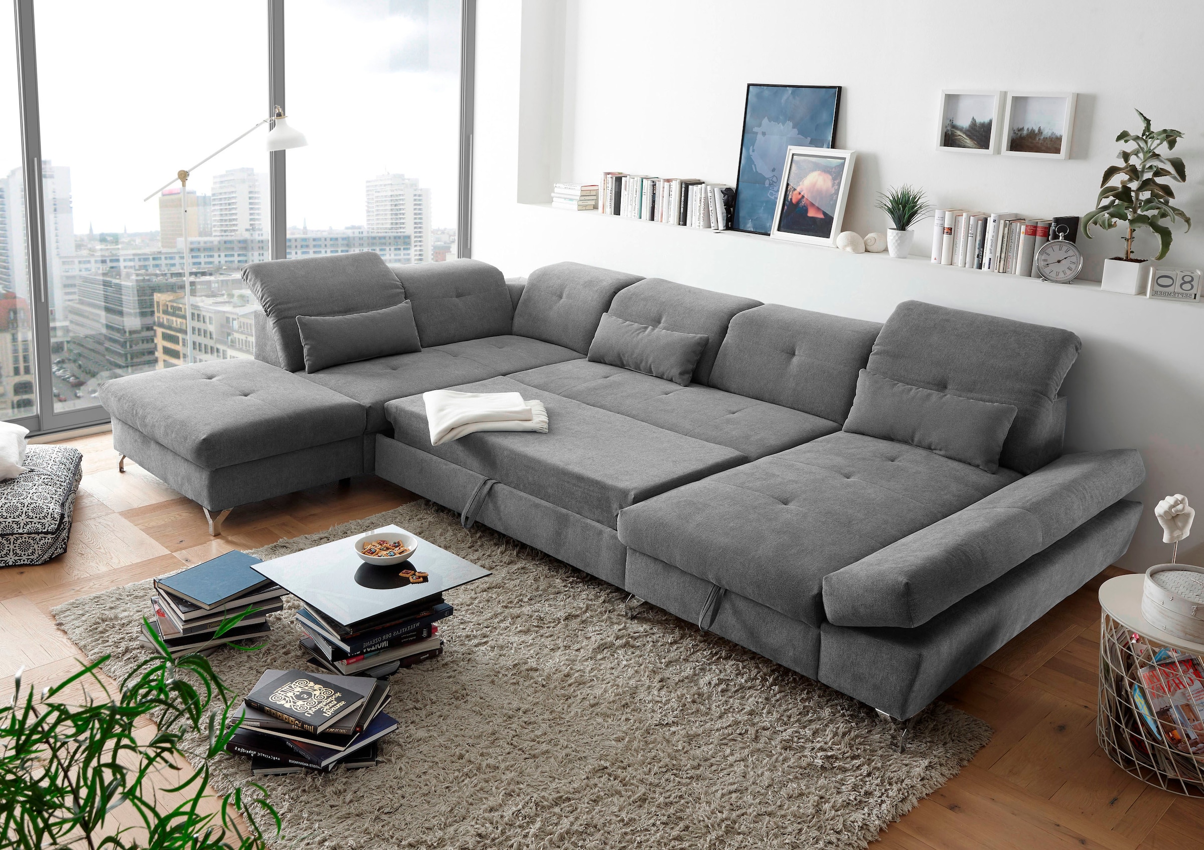 ED EXCITING DESIGN Wohnlandschaft »Melfi U-Form mit Bettfunktion, Bettkasten«, Arm- & Kopfteilverstellung & 3 Nierenkissen