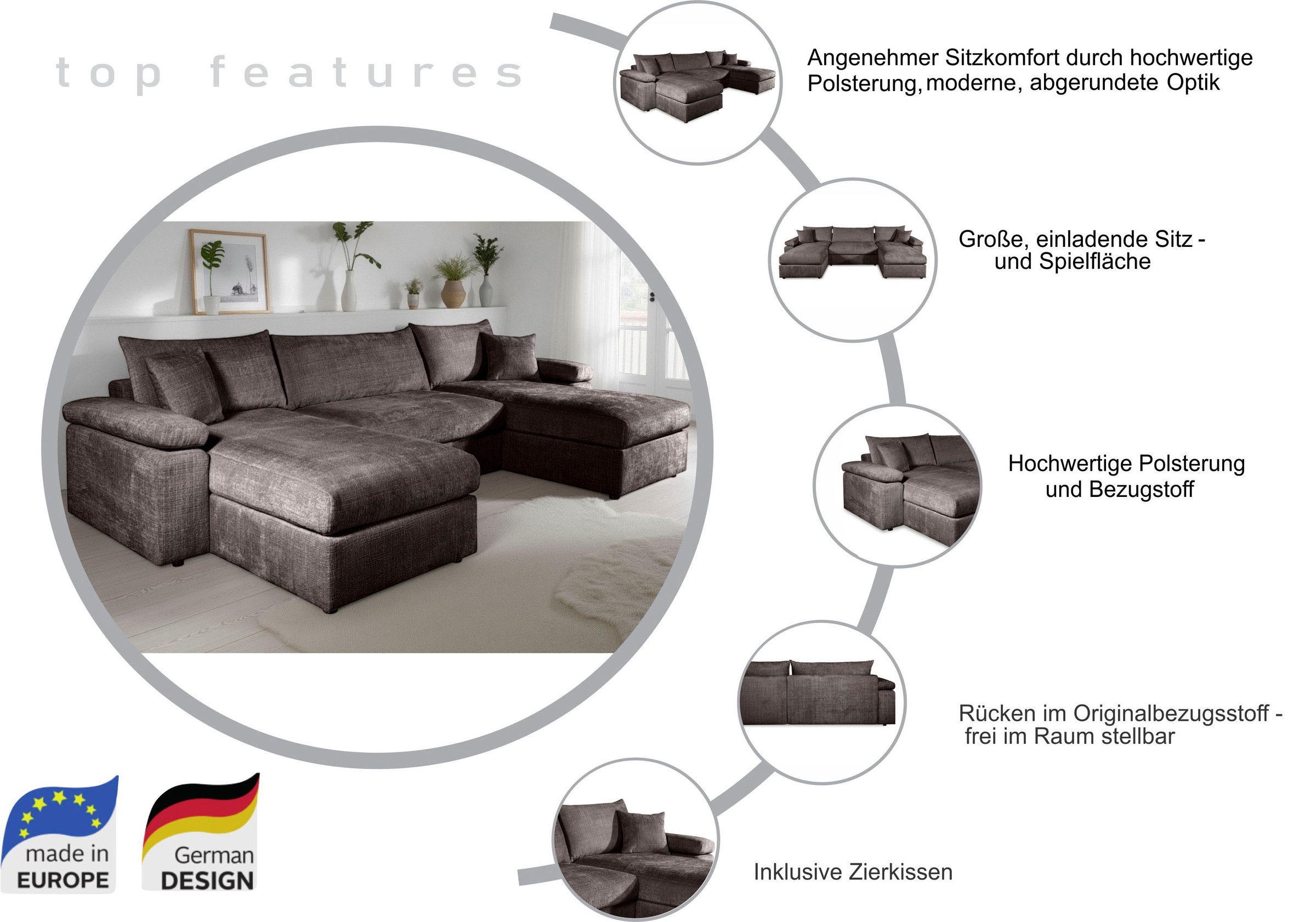 Thumbnail - COLLECTION AB Wohnlandschaft "Cosy U-From, Breite 309 cm" mit 2 Ottomane, Sitzaufbau im Sanwich-Federkern mit Kaltschaum...