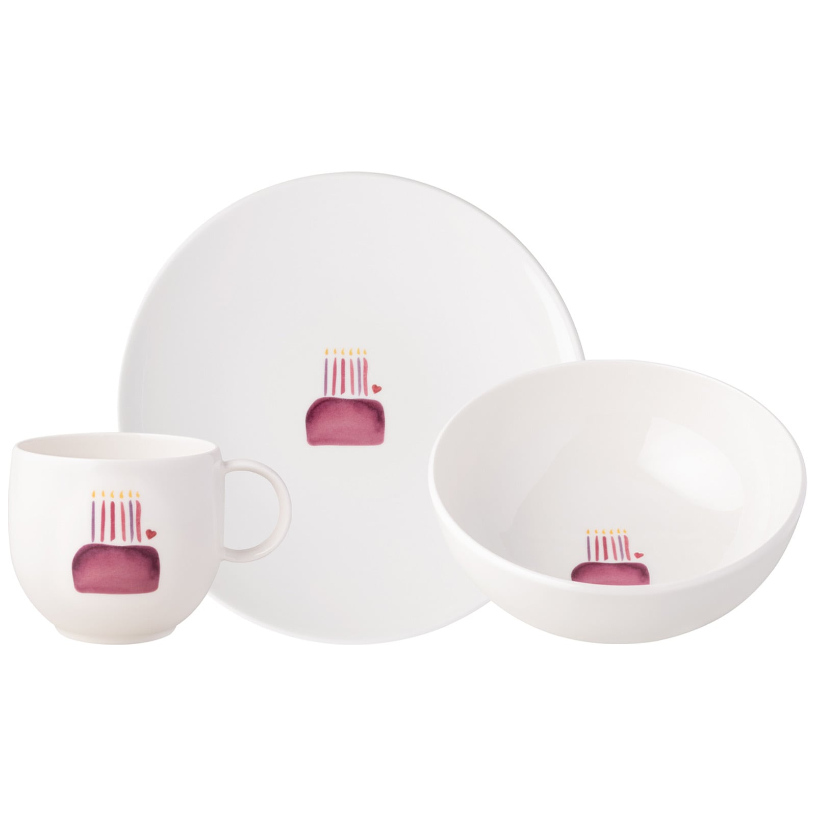Villeroy & Boch Geschirr-Set "Frühstücksset Happy Birthday With Love 3er Set bunt" Spülmaschinengeeignet, Mikrowellengeeignet