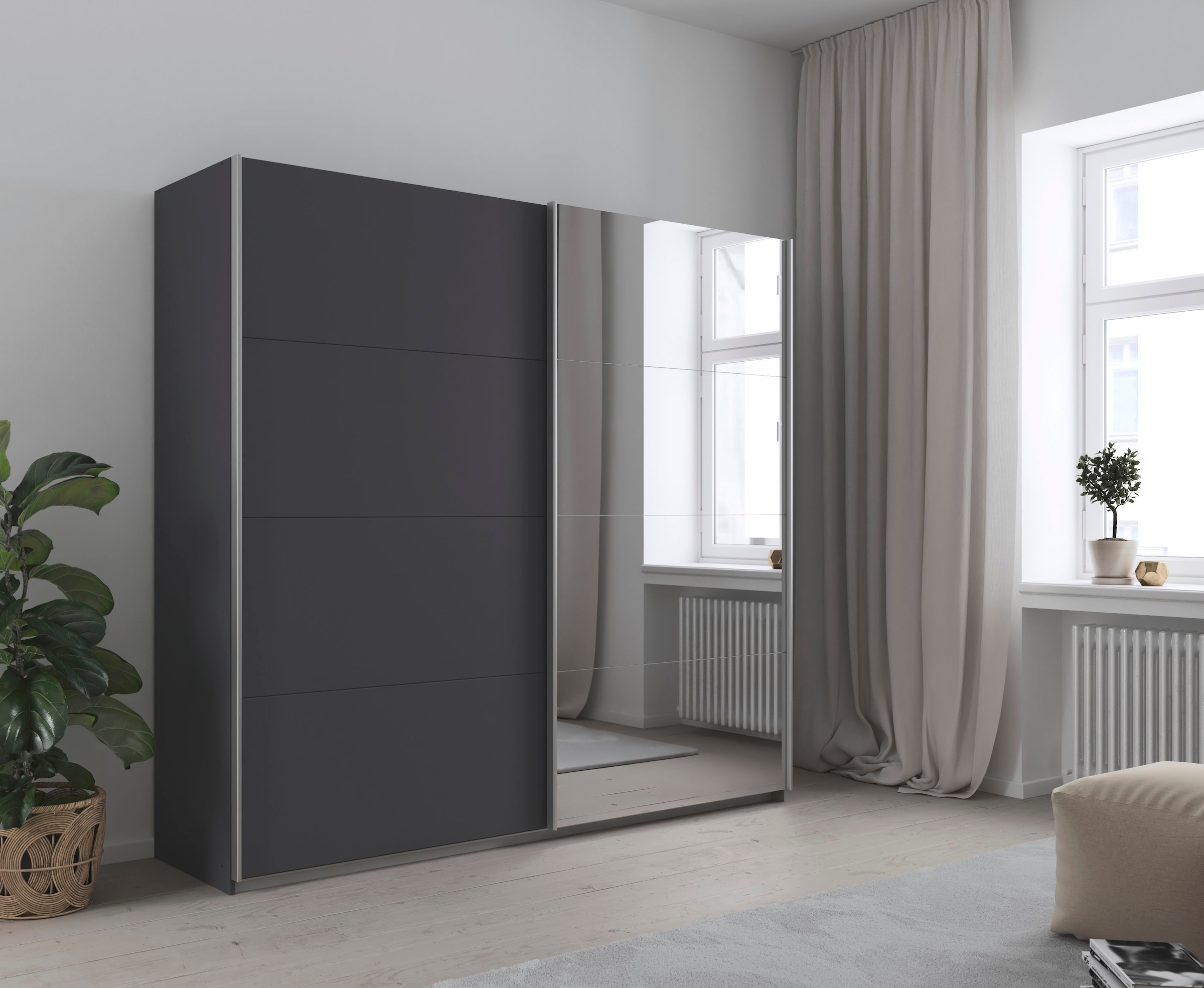 INOSIGN BY RAUCH Schwebetürenschrank »Kleiderschrank Schrank Garderobe Schlafzimmerschrank THANOS«, (in 3 verschiedenen Ausstattungen BASIC/CLASSIC/PREMIUM), Optional mit Spiegel, Metall-Griffleisten alufarben MADE IN GERMANY