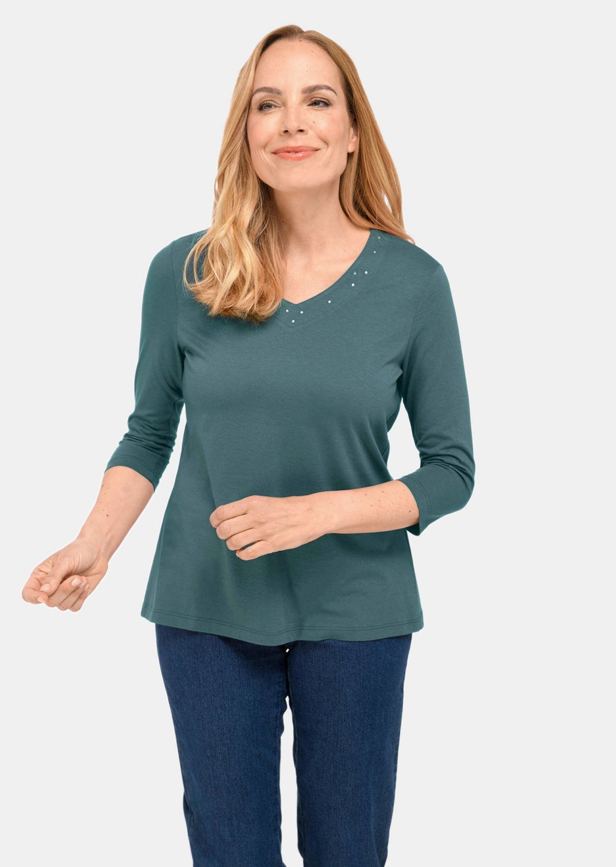 GOLDNER 3/4-Arm-Shirt »Shirt T-Shirt mit charmantem Ausschnitt und Schmucksteinchen«