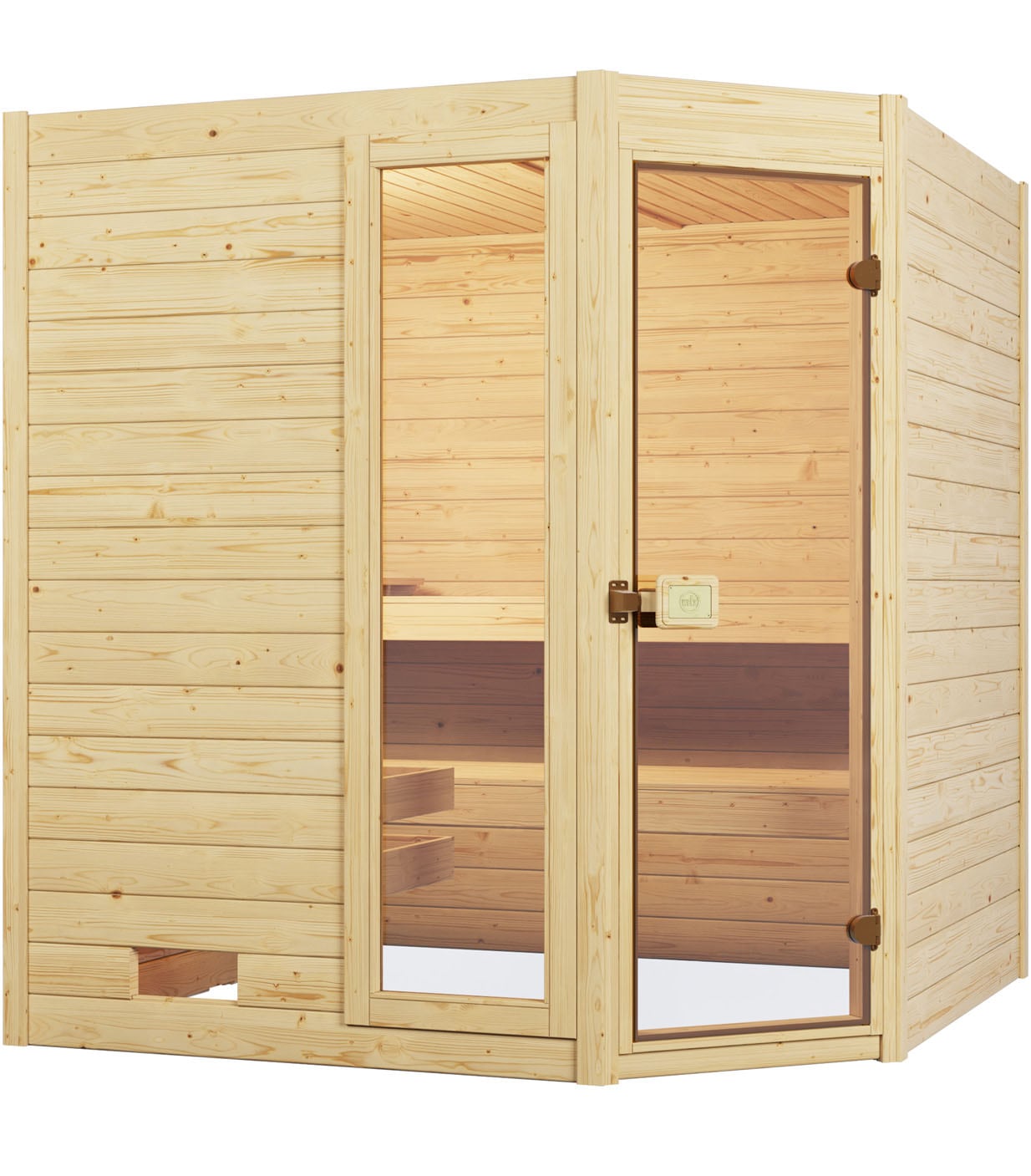 WEKA Sauna "Massivholzsauna VALIDA Eck 1.8", Saunaofen, externe Steuerung, 4,5 kW, beige, Saunen, Blockbohlen, Fensterelement, moderne Ganzglastür