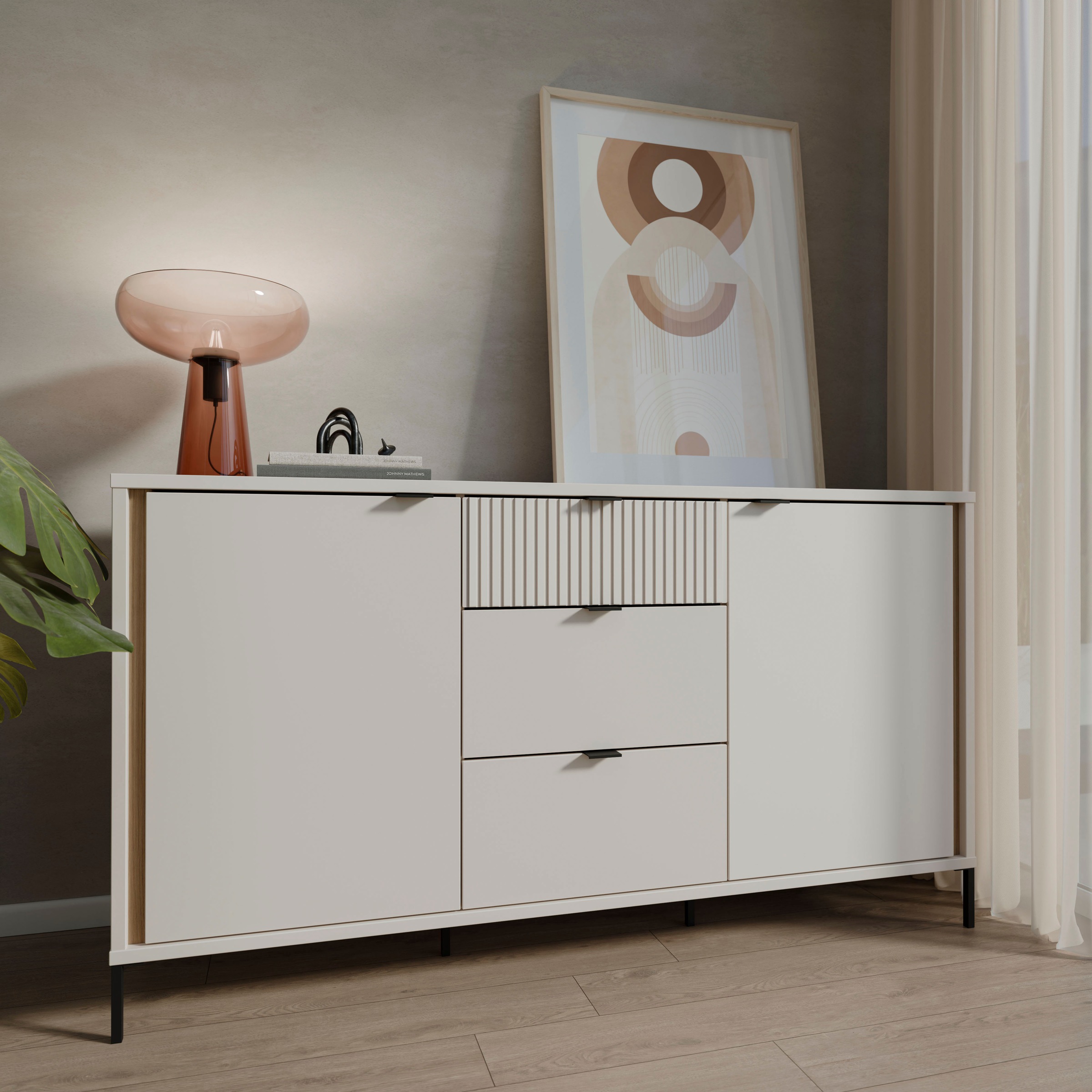 FORTE Sideboard »Forte Seravel Sideboard 160 cm, Kashmir Beige/Mauvella Eiche« B/H/T 158,8/87,2/41,5 viel Stauraum, Lamellenoptik