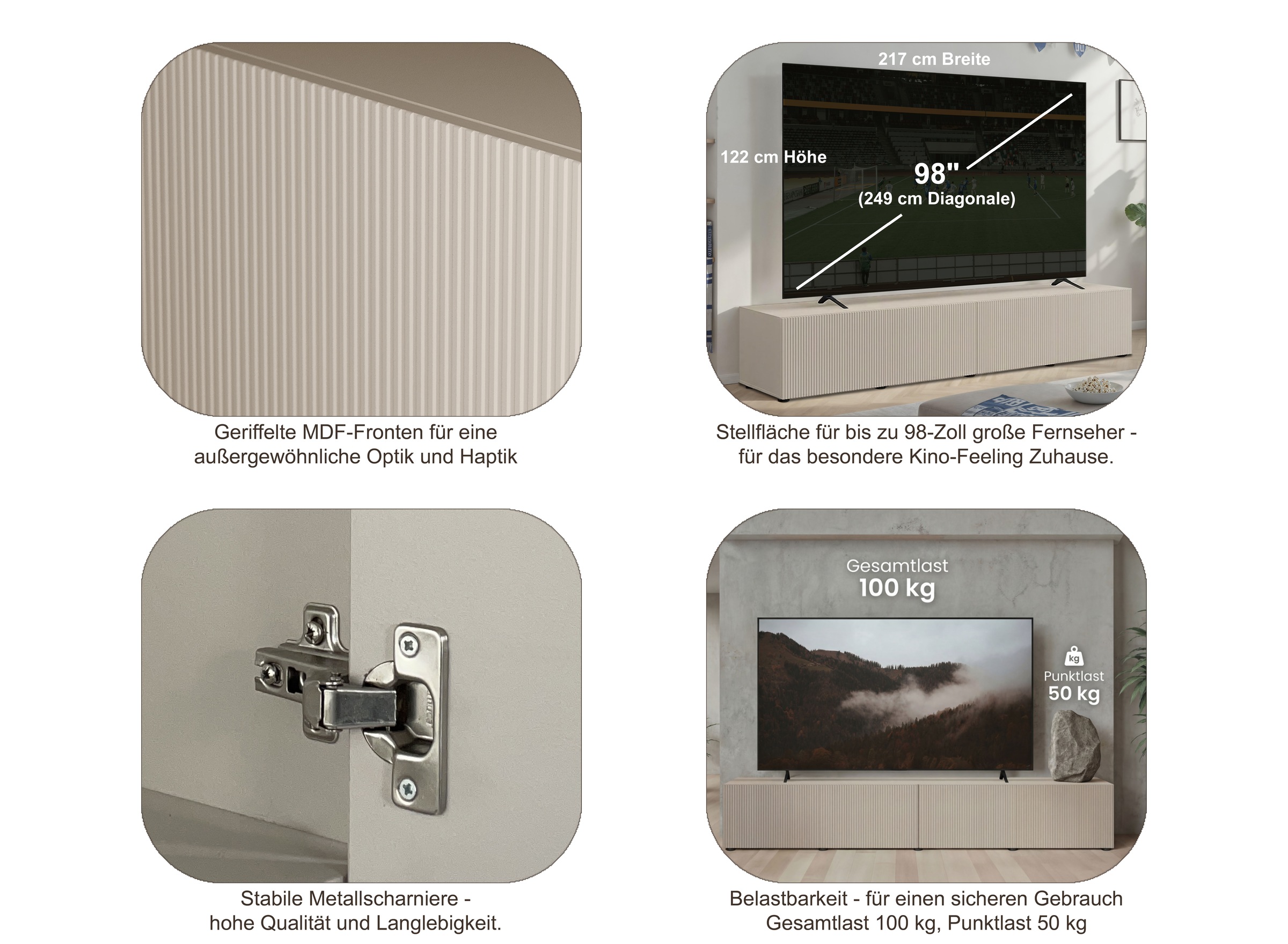 Home affaire Lowboard »Rio, 245 cm breit, 47 cm tief, 4 Türen mit geriffelten MDF Fronten« Modernes Lowboard für bis zu 98-Zoll-TV – perfekt für die WM